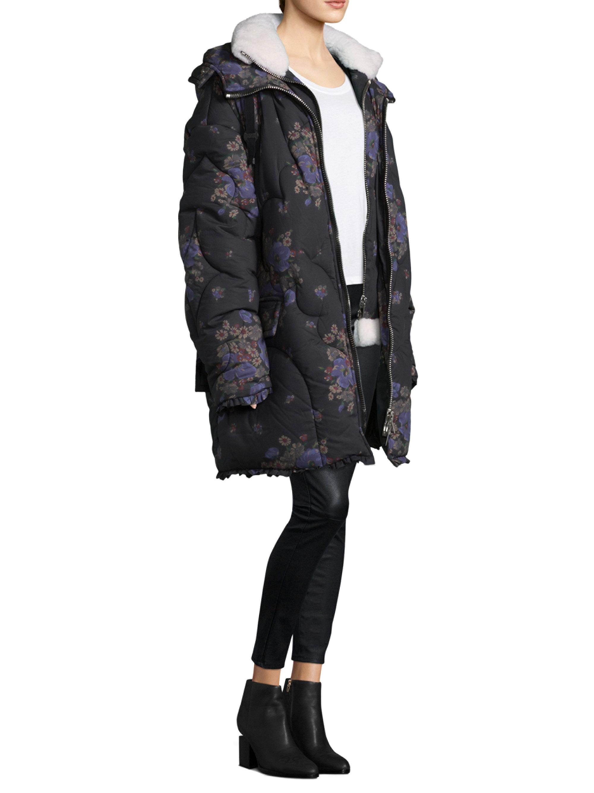 COACH Synthetic Floral Print Puffer Jacket in Black Lyst
