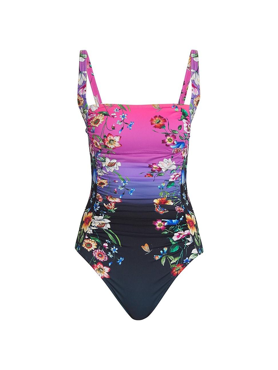 Black & White SheIn Women's Floral Print Drawstring One Piece Swimsuit Tummy Control | One Piece Swim