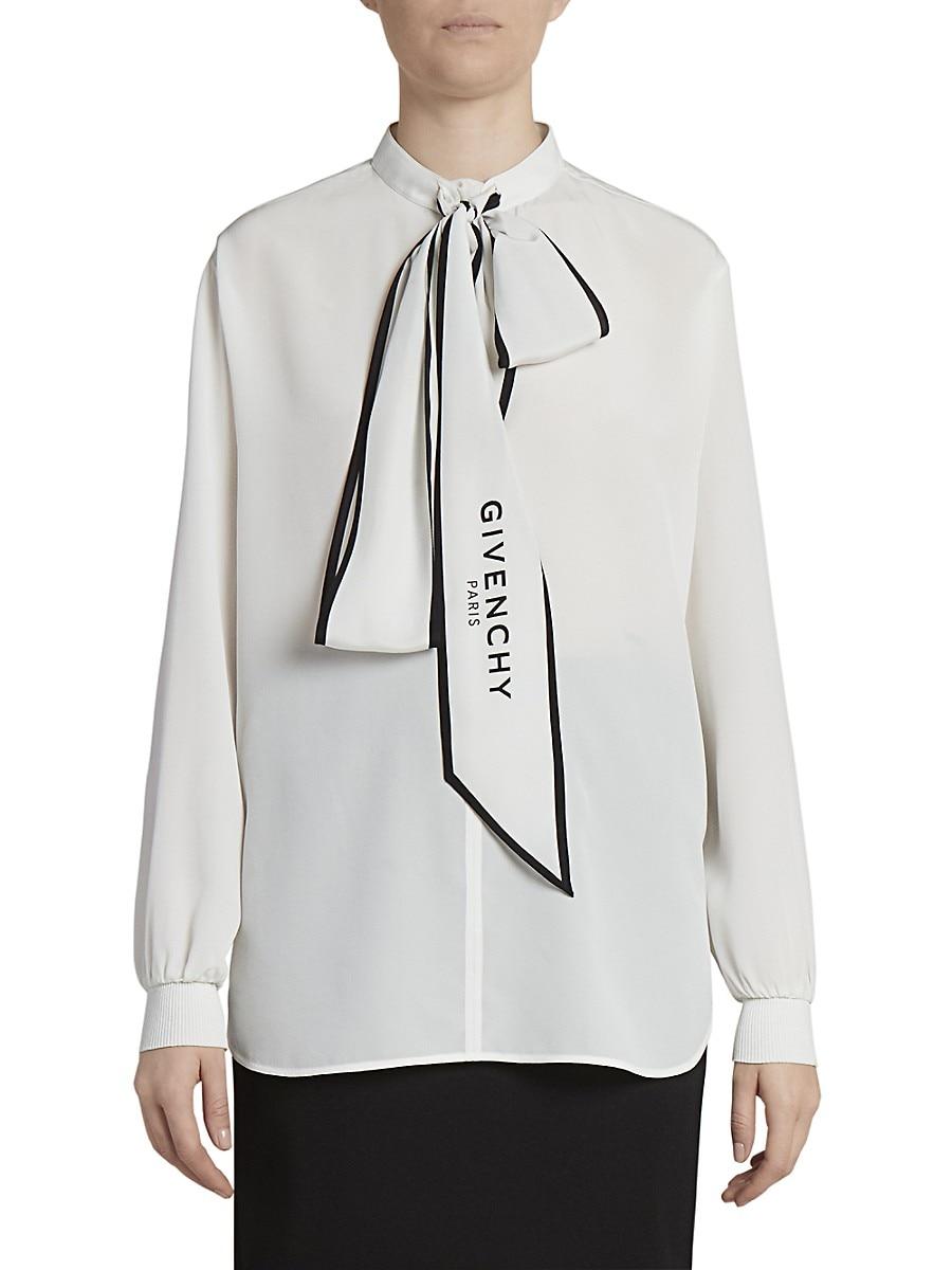 Givenchy Logo-print Tieneck Silk Blouse in White | Lyst