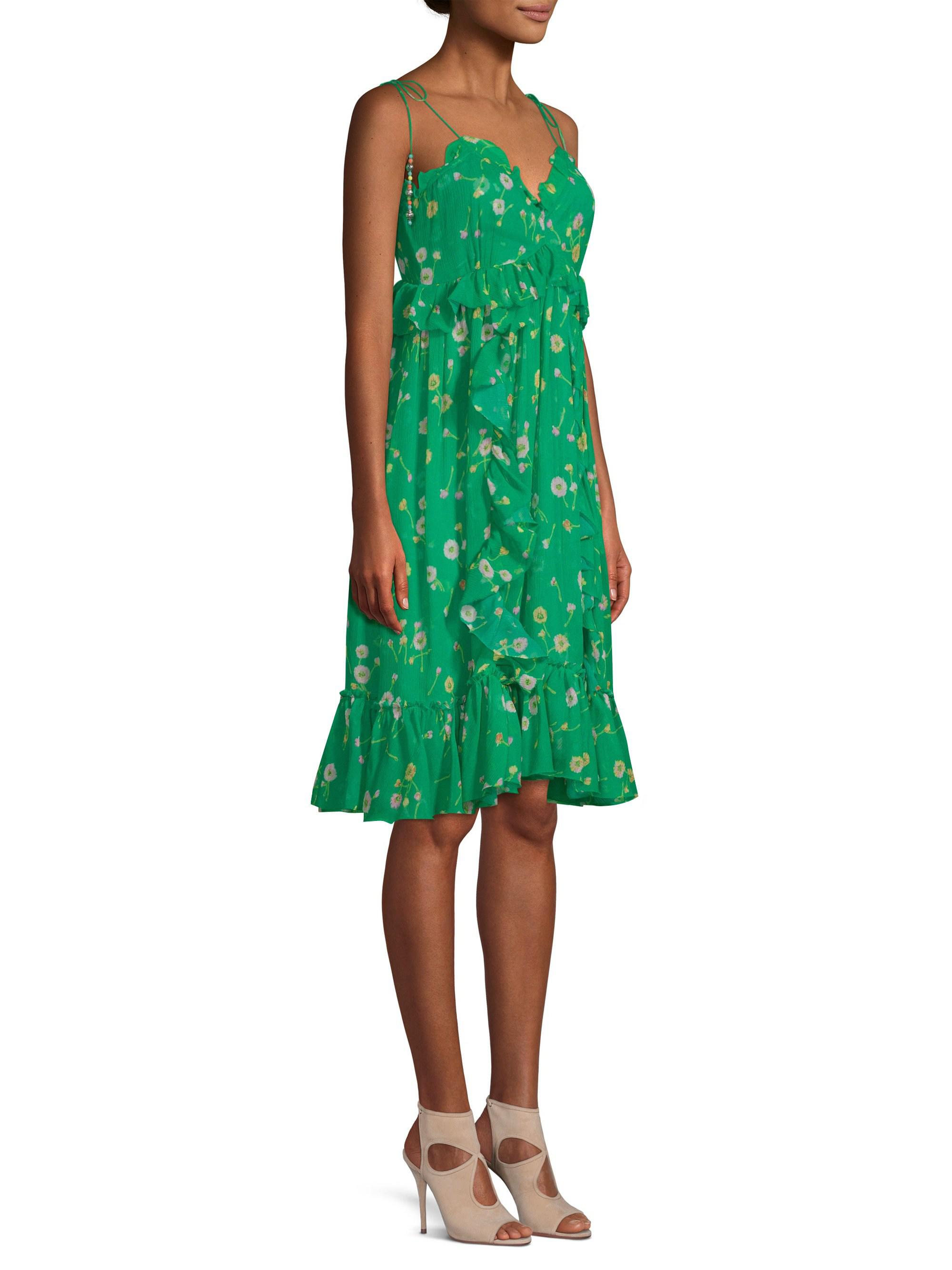 green silk floral dress