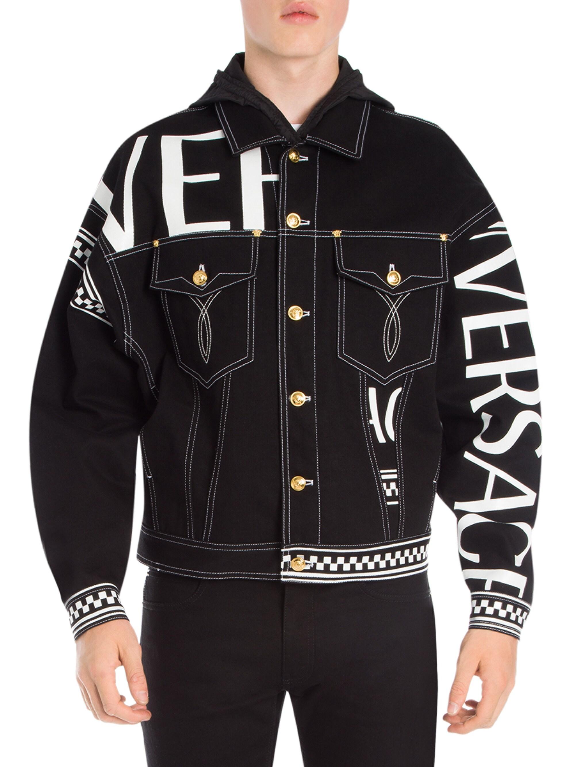Versace Logo Check Print Denim Jacket in Black for Men - Lyst