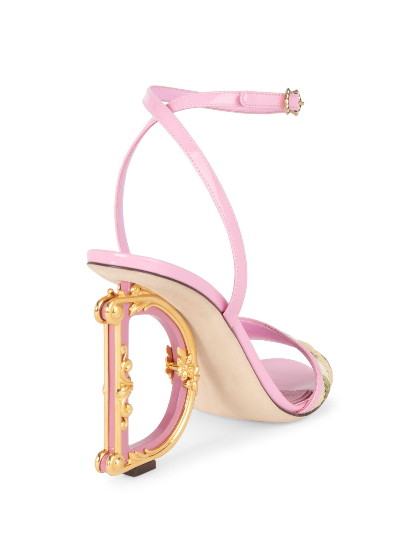 Dolce & Gabbana Sculpted-heel Raffia & Leather Sandals in Pink | Lyst
