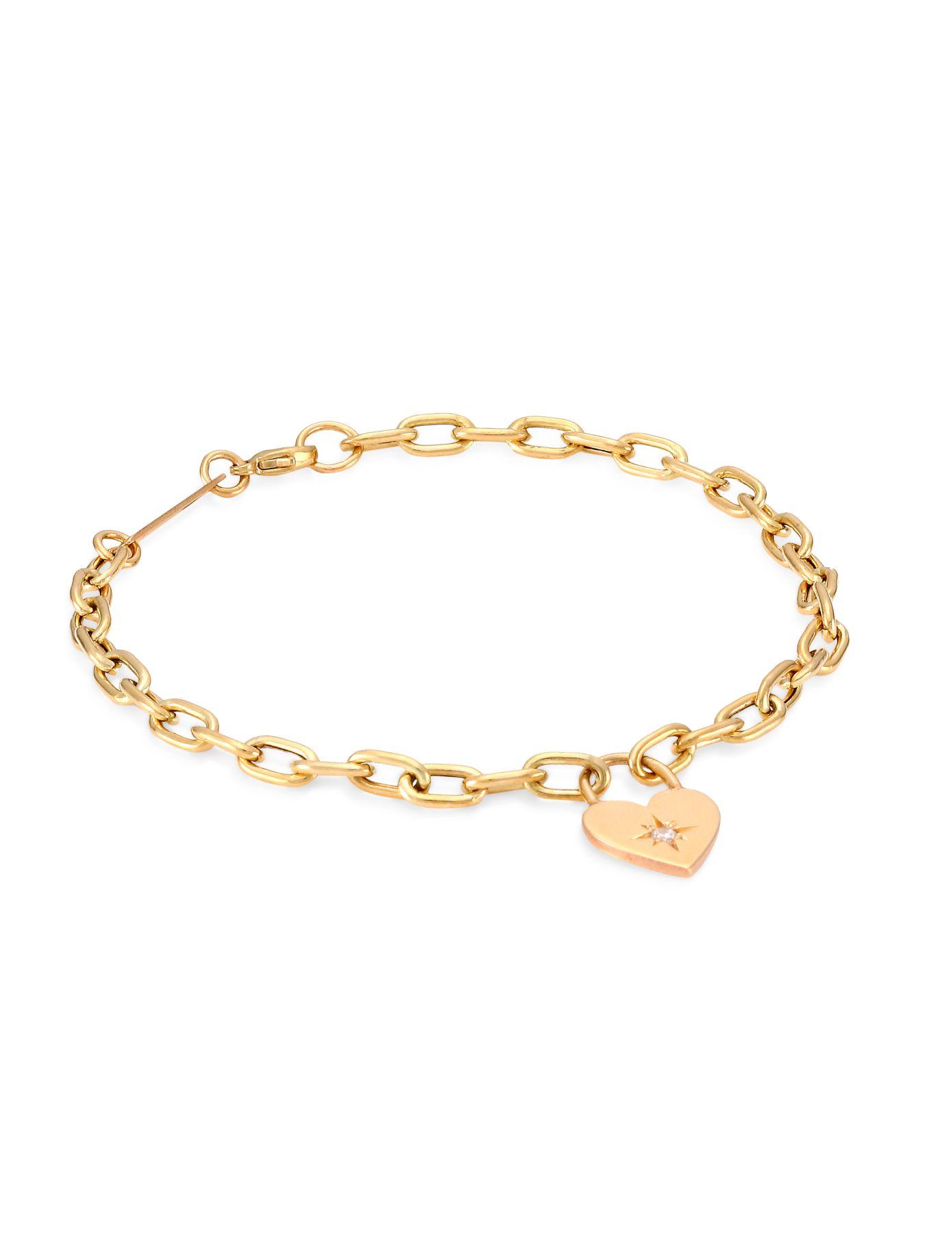 Zoe Chicco 14k Yellow Gold & Diamond Small Heart Padlock Charm Bracelet ...