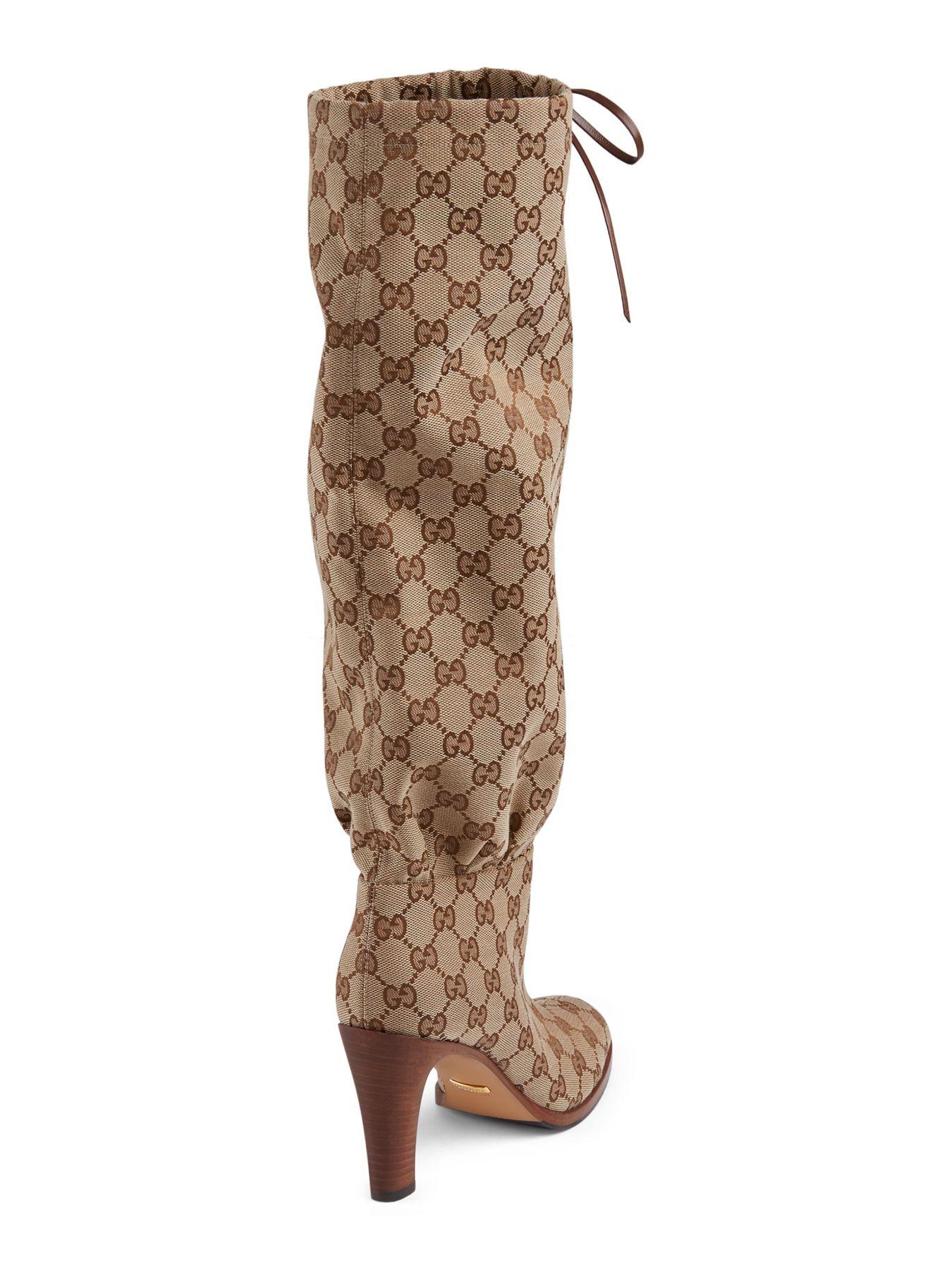 Gucci Canvas Lisa Tie Tall Boots With Logo in Beige (Natural) | Lyst