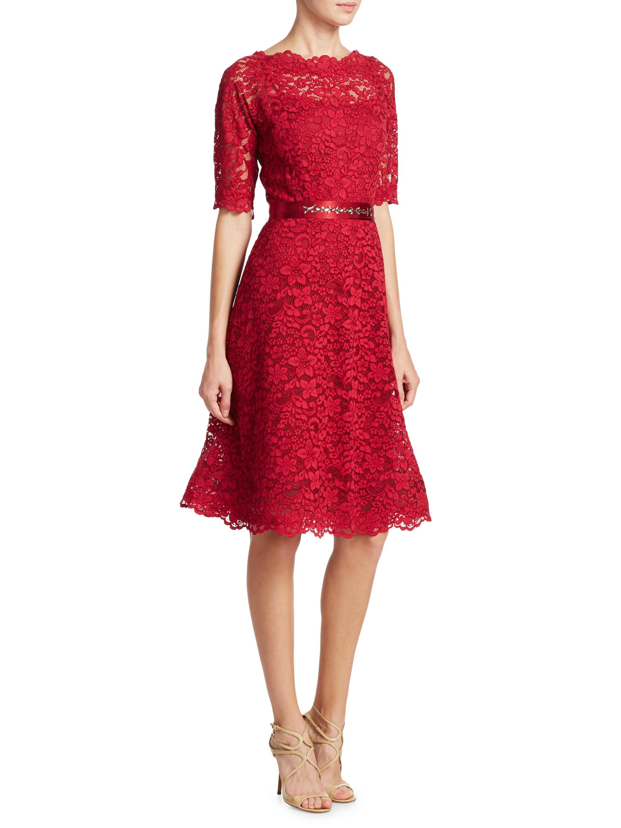 Lyst - Teri Jon Lace Flared Dress in Red