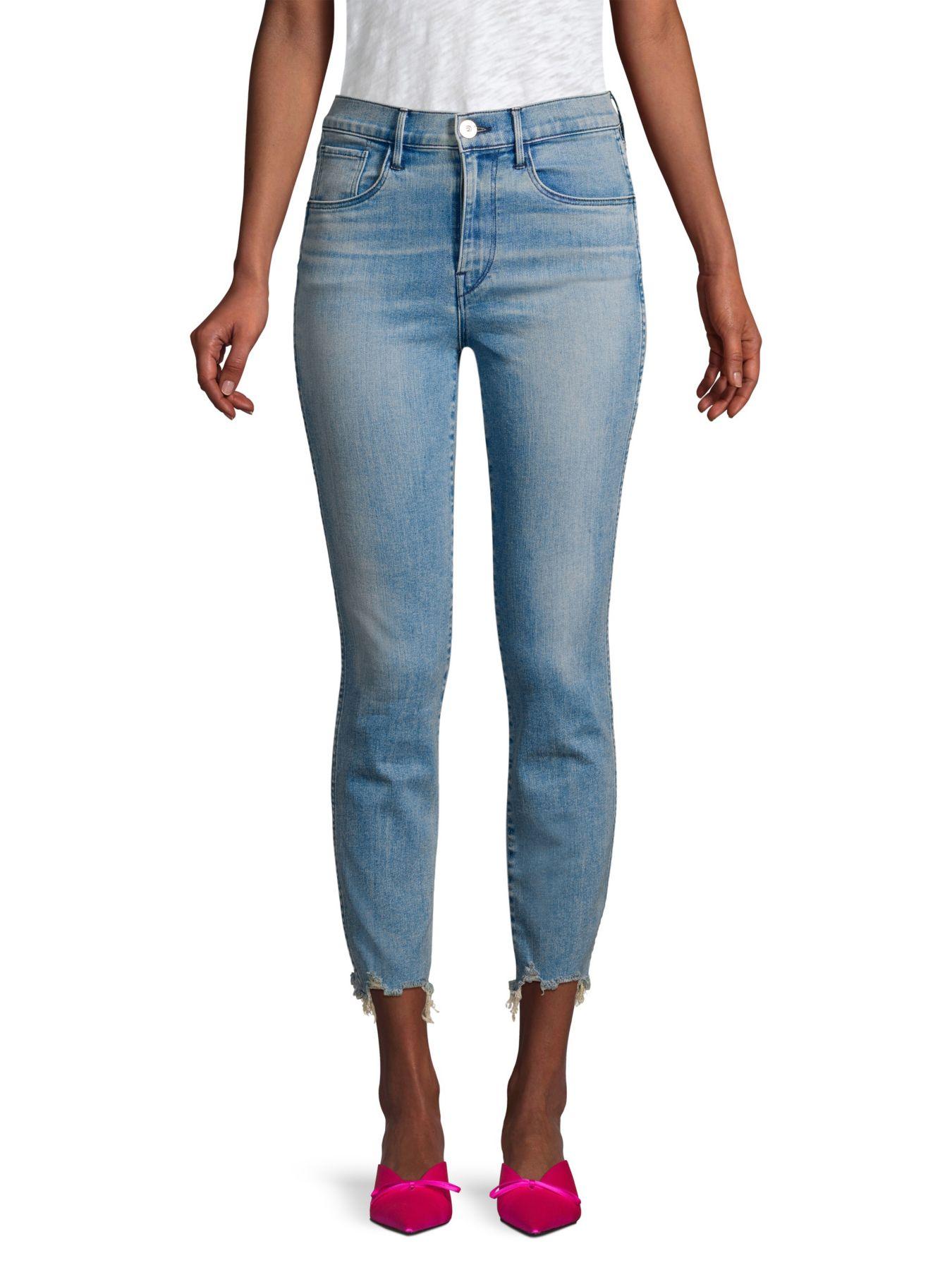 3x1 Denim Highwaist Straight Authentic Crop Chewed Hem Jeans in Blue