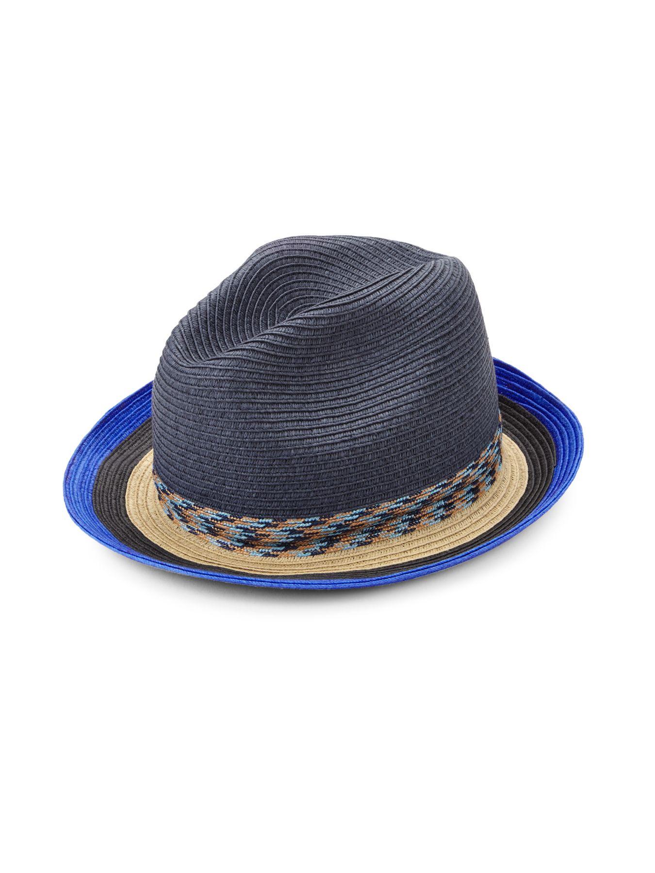 Paul Smith Cotton Men's Stripedbrim Straw Fedora Hat in Black (Blue