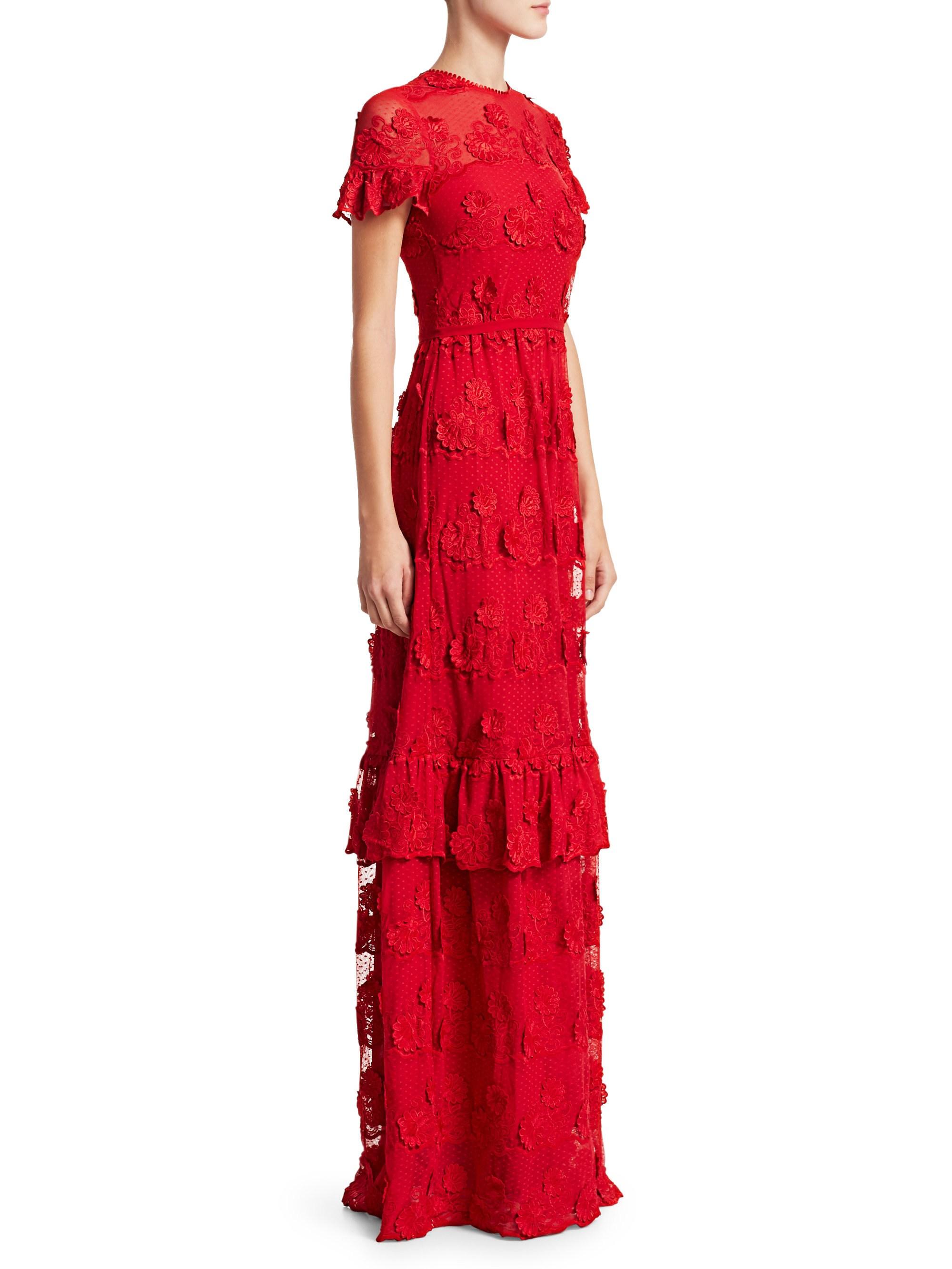 ml monique lhuillier red floral lace gown