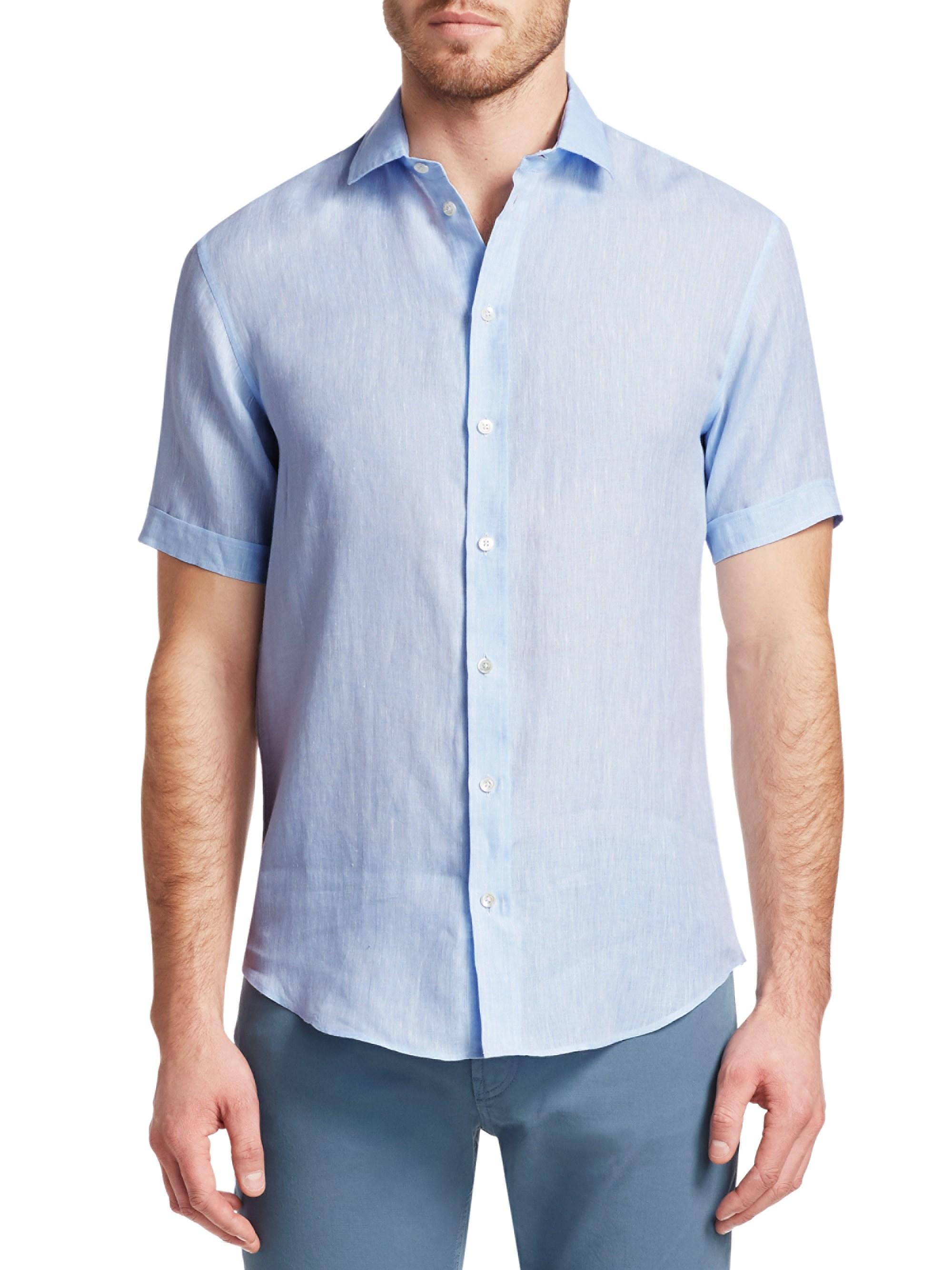 Emporio Armani Short Sleeve Linen Button-down Shirt in Light Blue (Blue ...