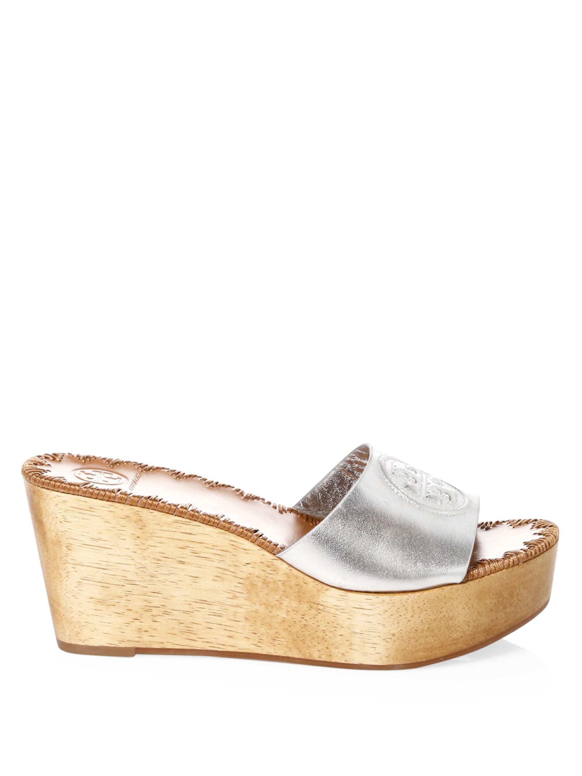 Tory Burch Leather Women's Patty Platform Wedge Slide Silver Size 7