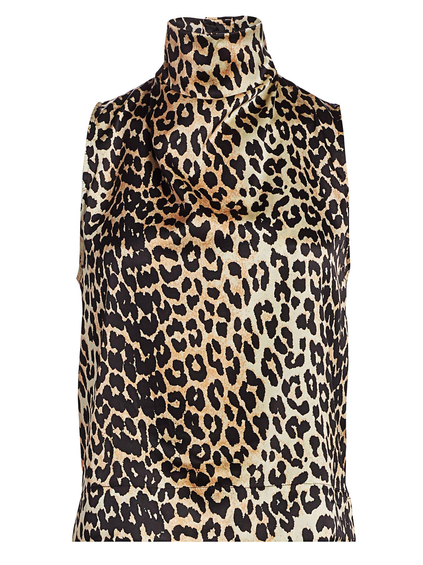 Ganni Leopard-print Stretch Silk-satin Top in Black - Lyst
