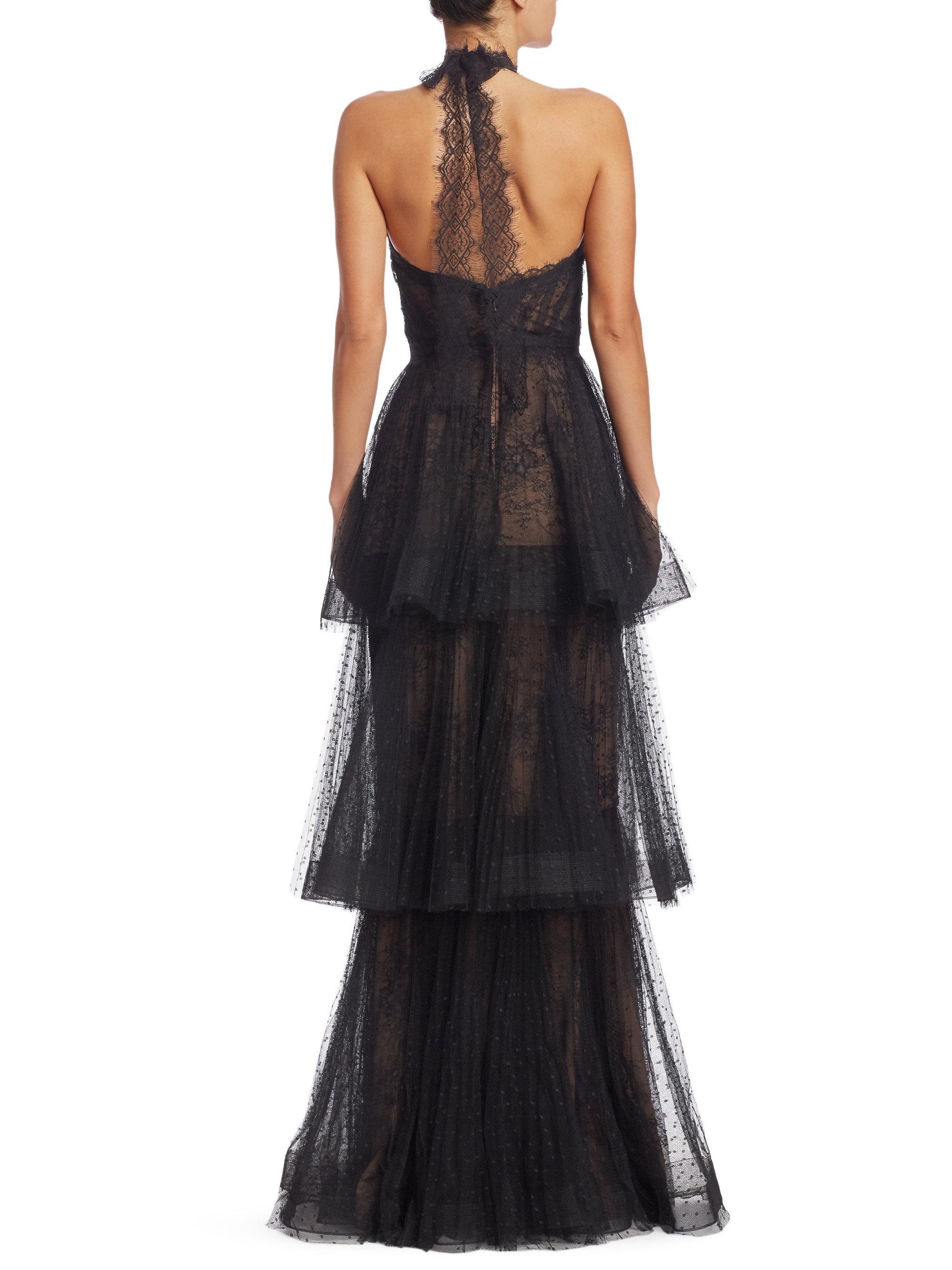 Marchesa notte Tiered Halter-neck Lace Gown in Black | Lyst