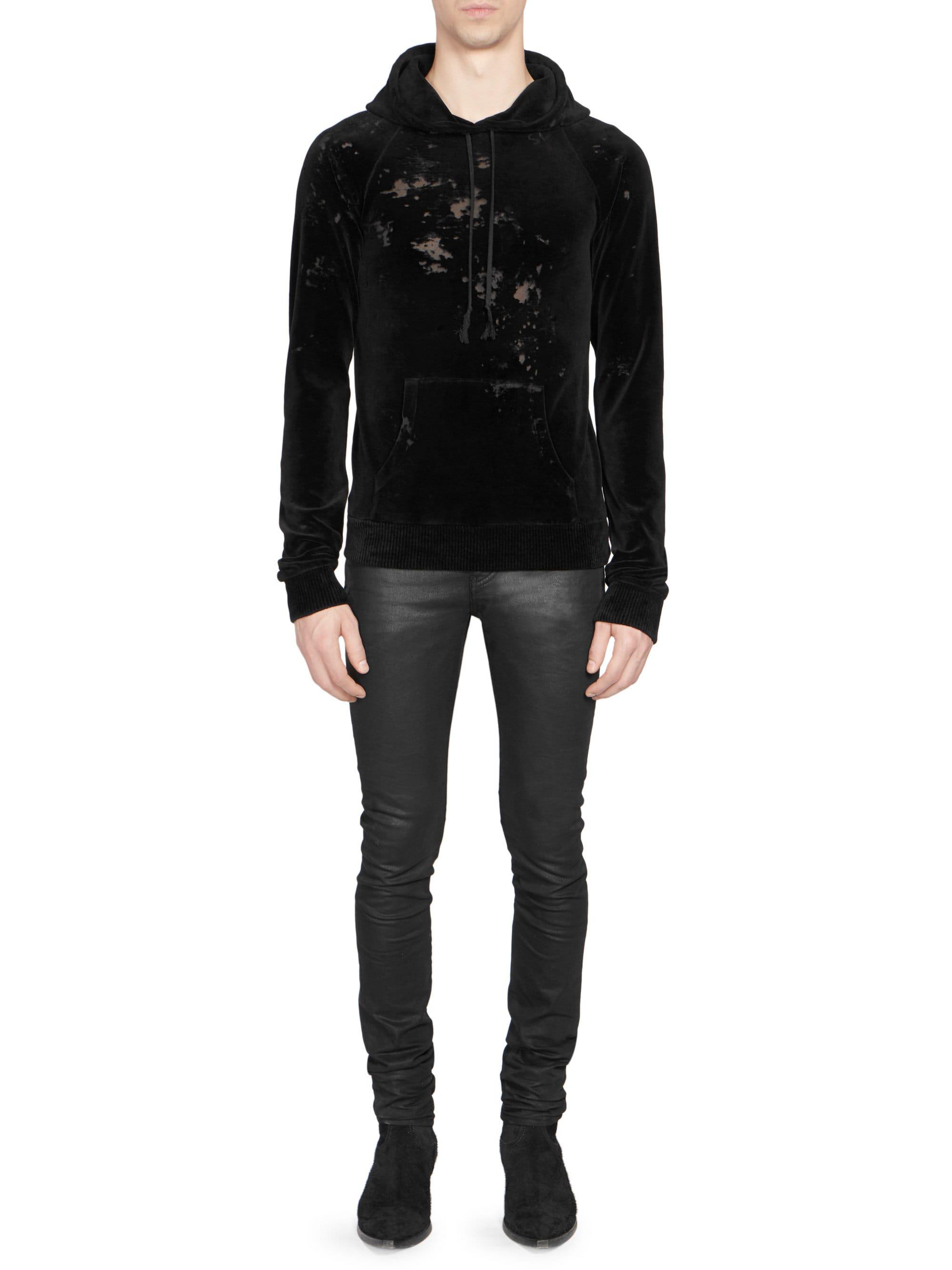 Saint Laurent Distressed Velvet Hoodie in Black for Men | Lyst