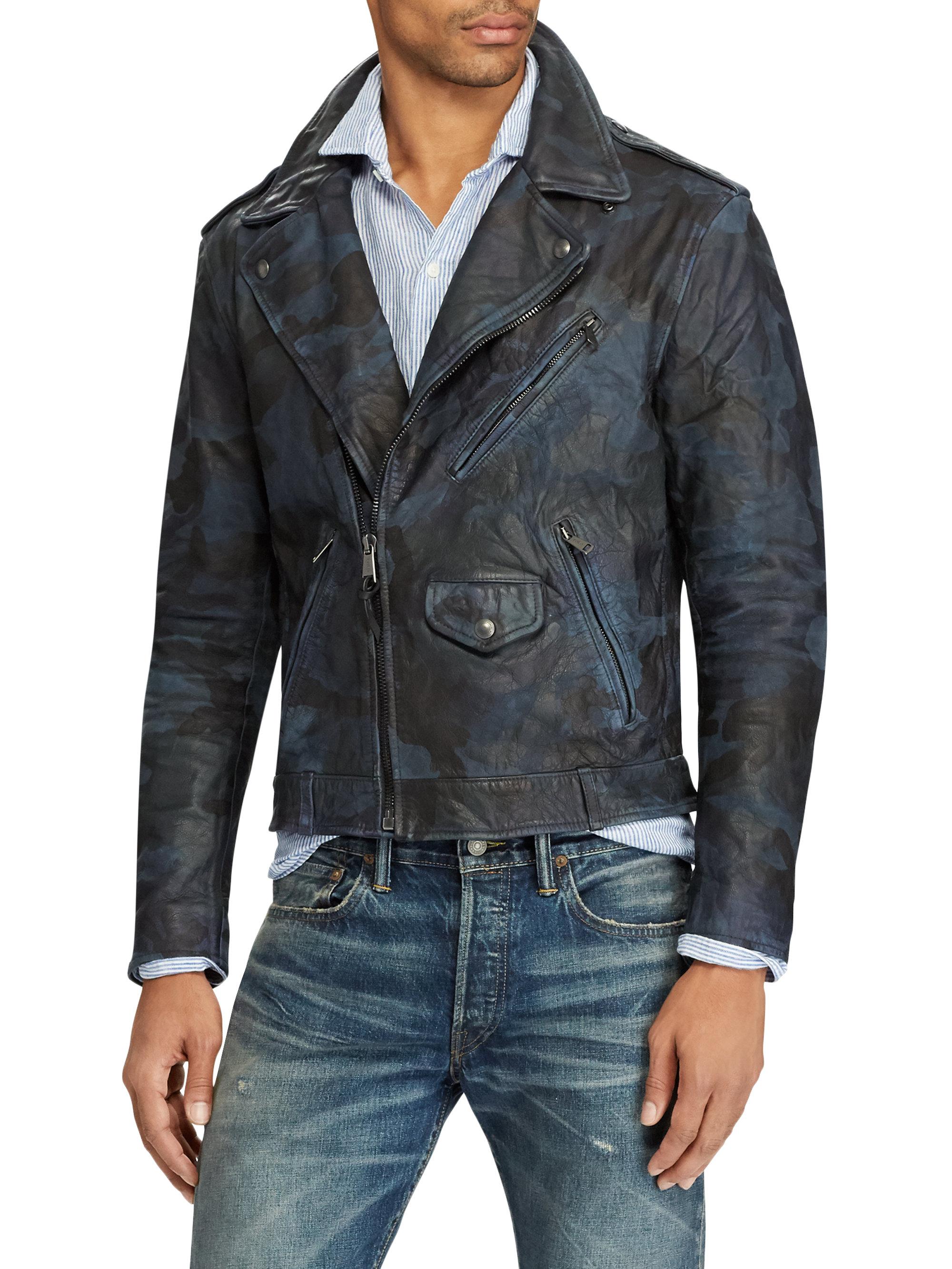 Polo Ralph Lauren Camo Leather Biker Jacket in Indigo (Blue) for Men - Lyst