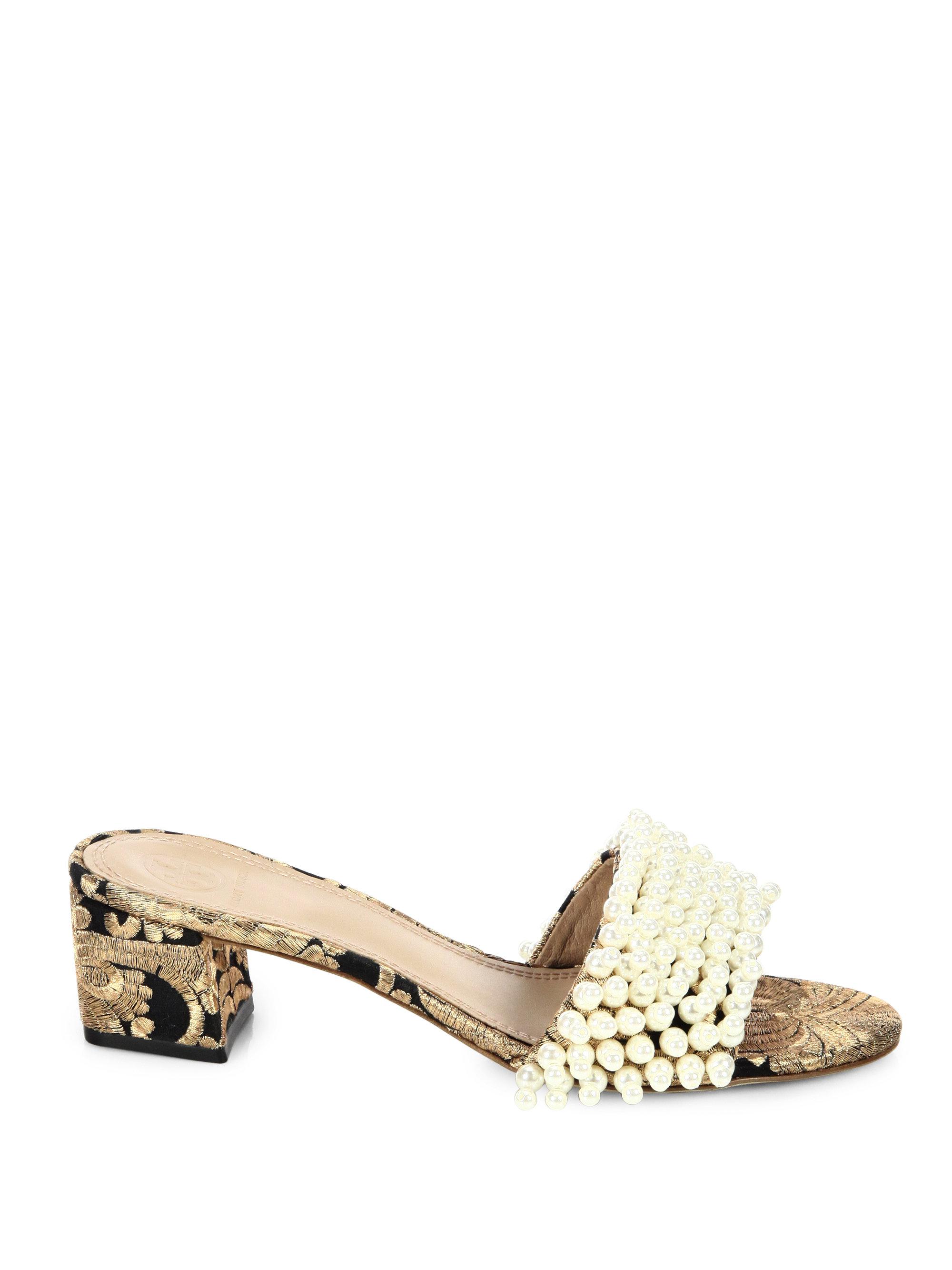 Lyst - Tory Burch Tatiana Embellished Brocade Slide Sandals in Metallic