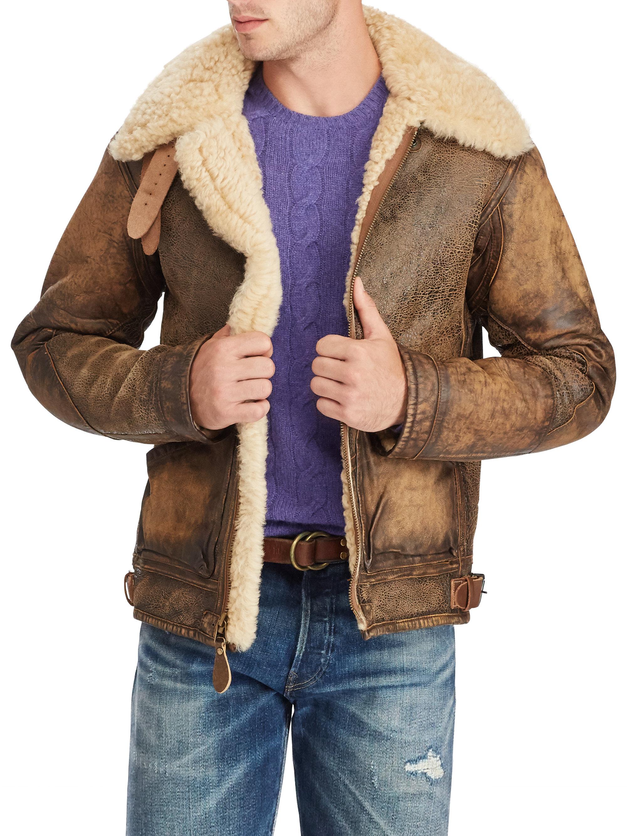 Polo Ralph Lauren Shearling-trimmed Leather Bomber Jacket in Brown for ...