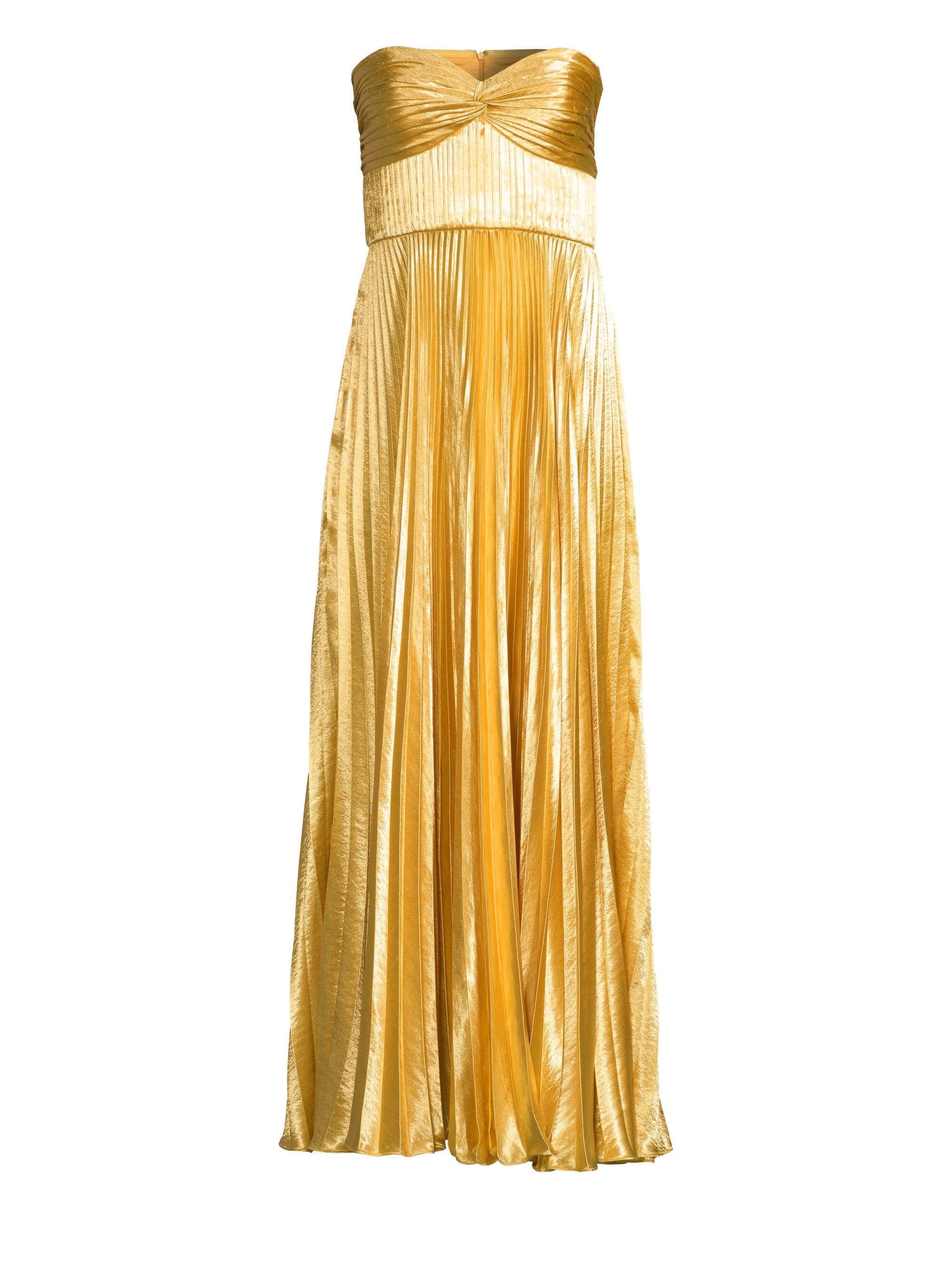 AMUR Belle Pleated Satin Strapless Gown in Gold (Metallic) - Lyst
