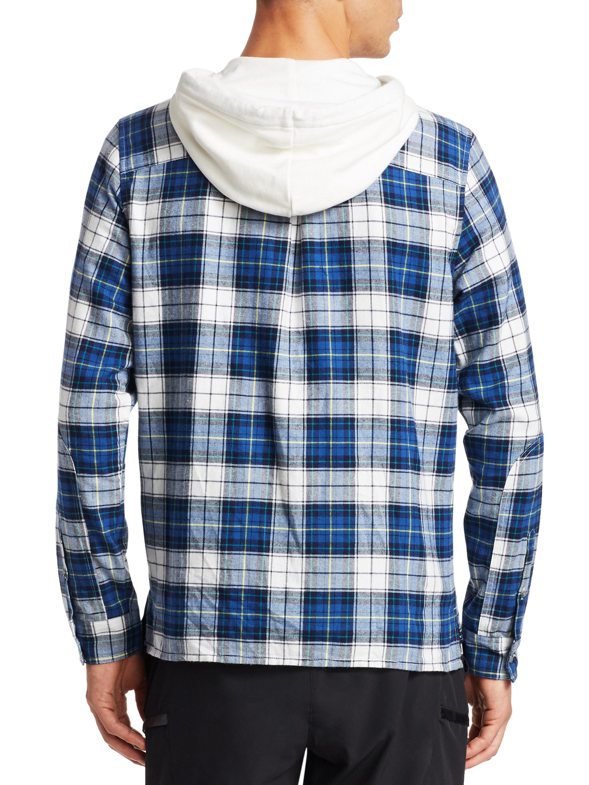 Madison Supply Plaid Cotton Flannel Hooded Shirt in Blue White (Blue