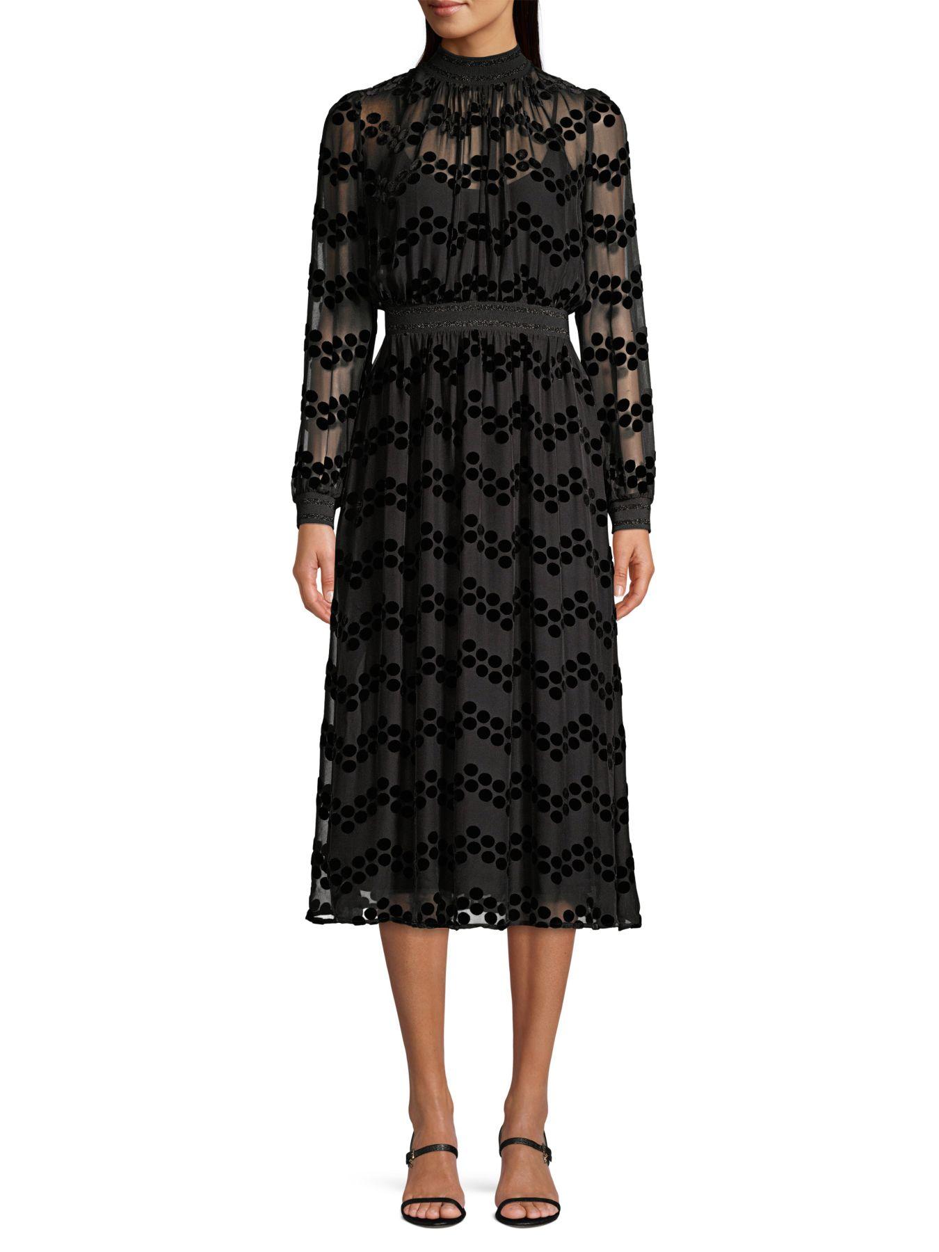 Tory Burch Velvet Dot Mock-neck Long-sleeve Devore Burnout Midi Dress in Black - Lyst