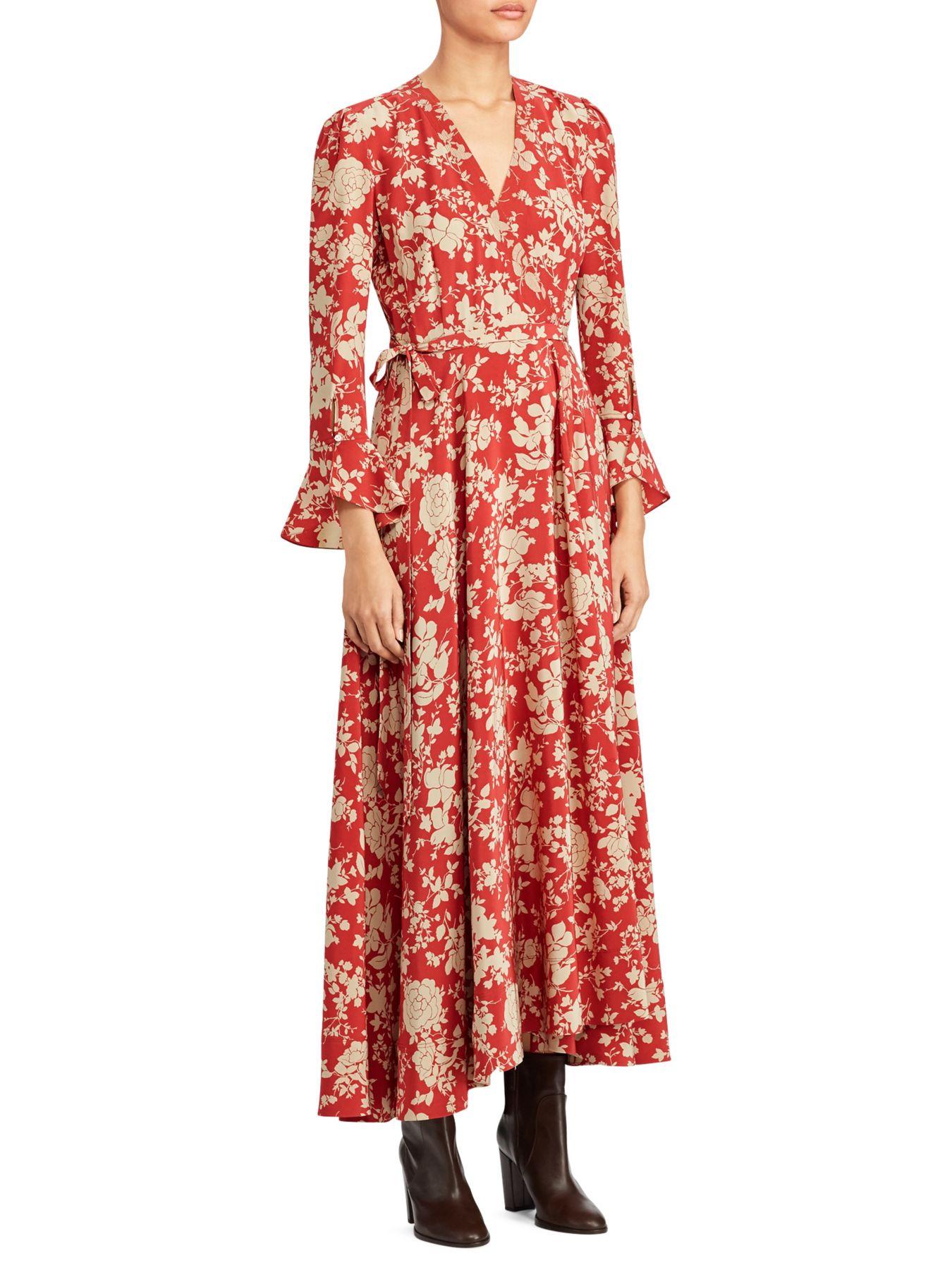 Polo Ralph Lauren Harlow Long-sleeve Floral Maxi Wrap Dress in Red | Lyst