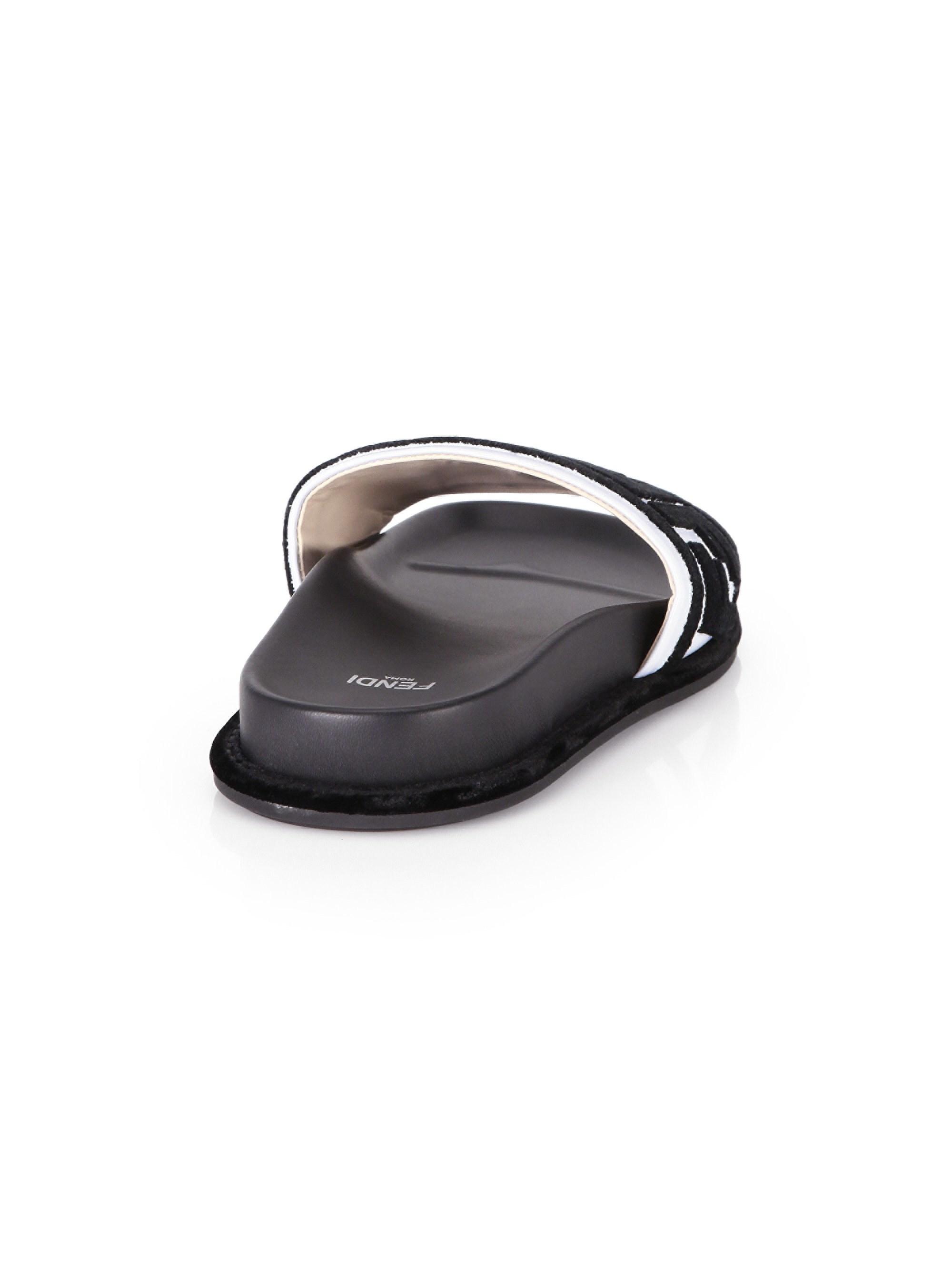 Fendi Fur Women's Logo Pool Slides in Black/ White (Black) Lyst