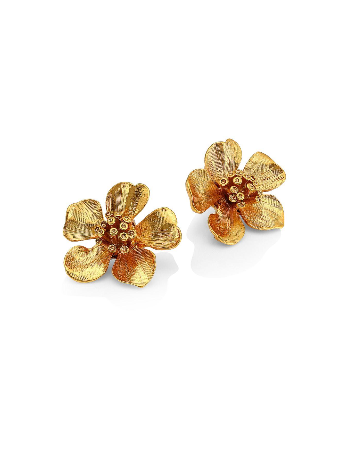 Oscar de la Renta Classic Flower Button Stud Earrings in Gold 