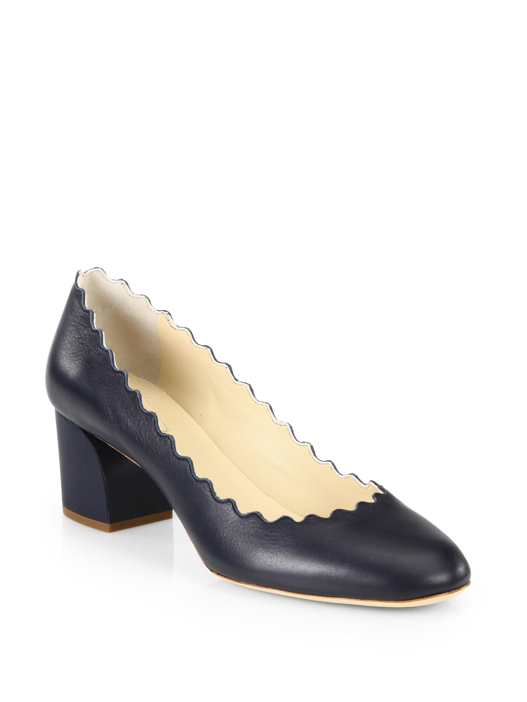 Chloé Lauren Scalloped Leather Pumps in Navy (Blue) | Lyst
