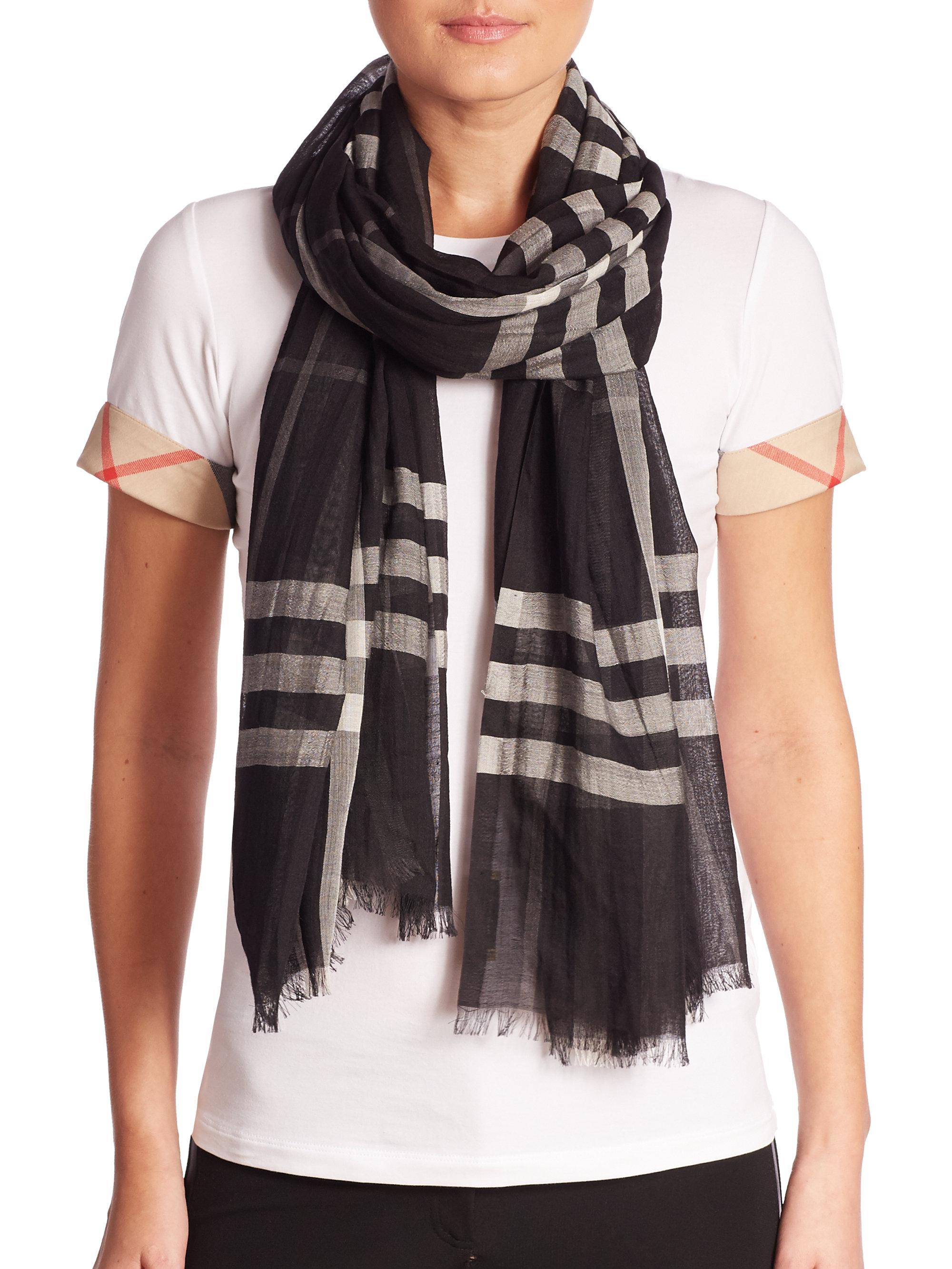 Burberry Giant Check Wool & Silk Gauze Scarf in Black - Lyst