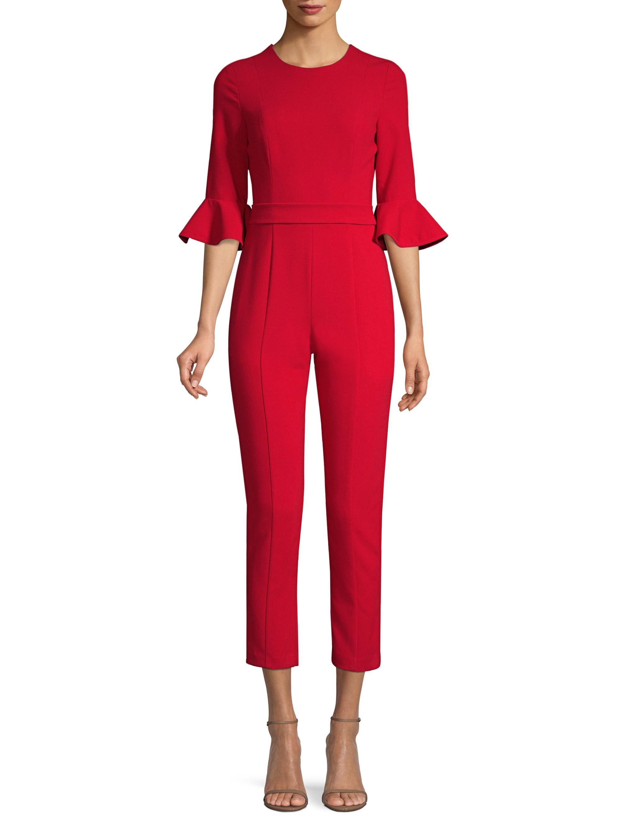 red jumpsuit with bell sleeves