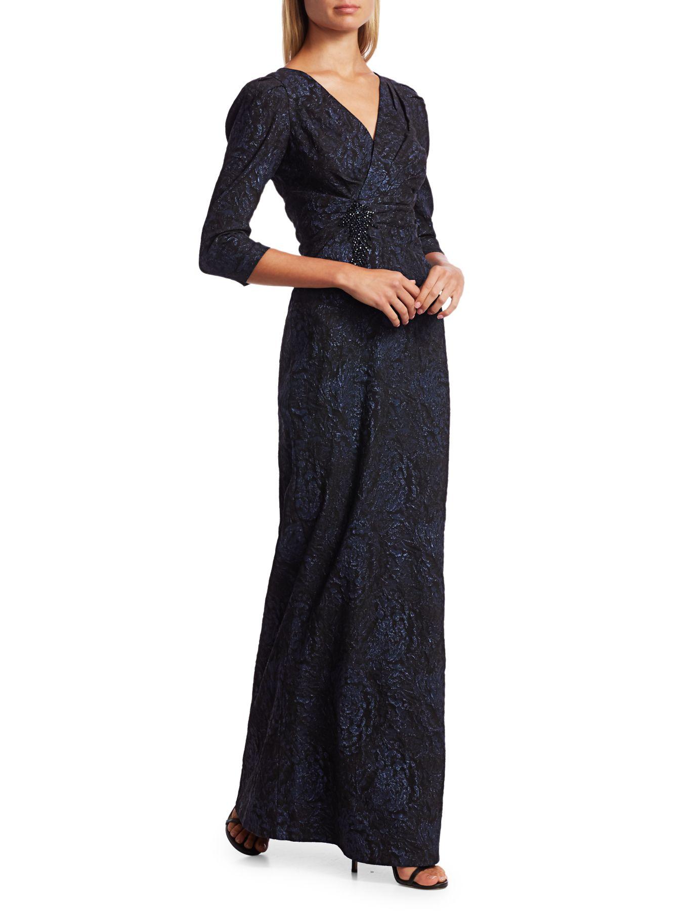 Teri Jon Synthetic Embellished Jacquard Puff-sleeve Gown in Navy (Blue) - Lyst
