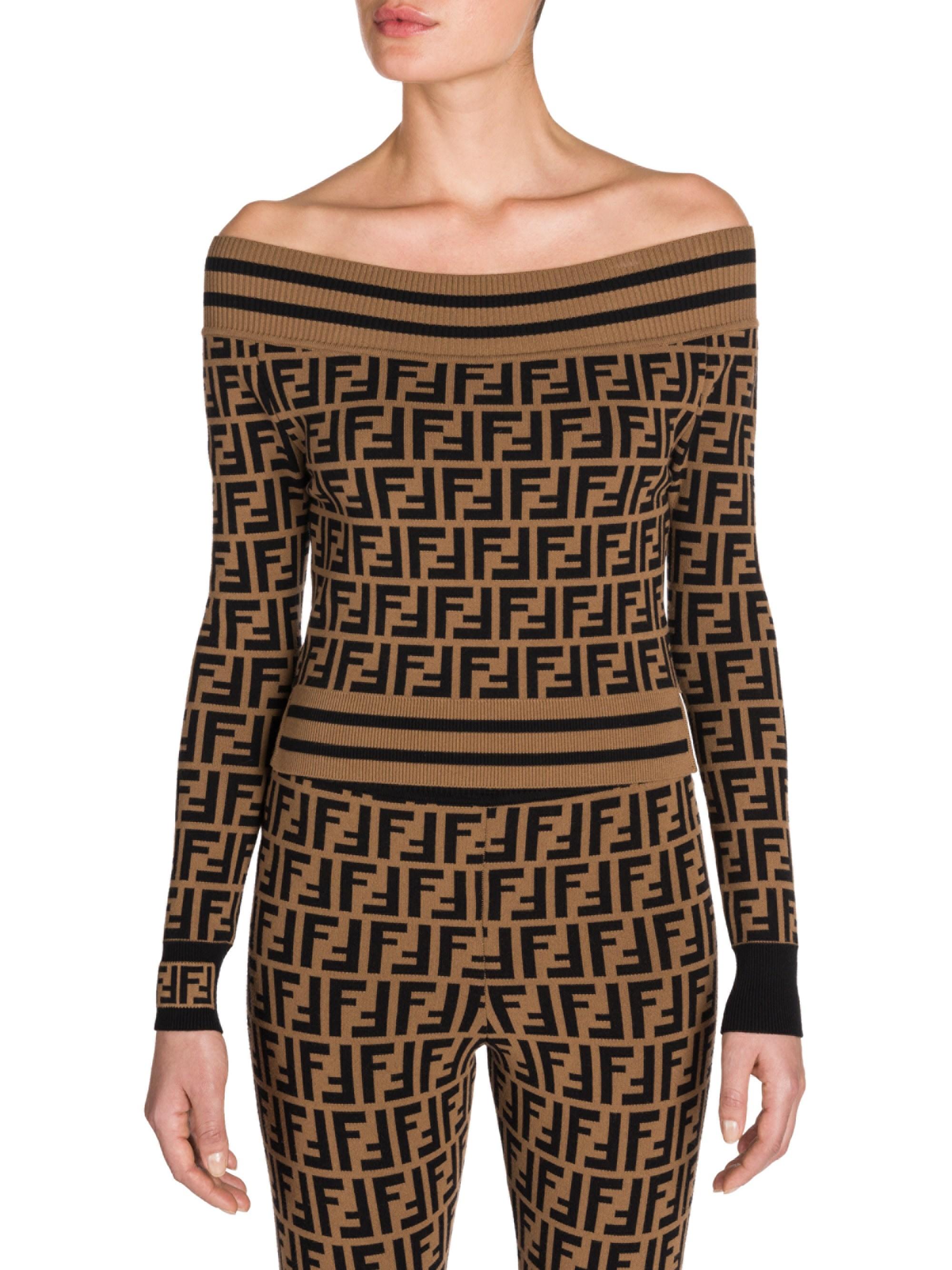 Fendi Women's Off-the-shoulder Knit Logo Sweater - F Brown Logo - Size ...