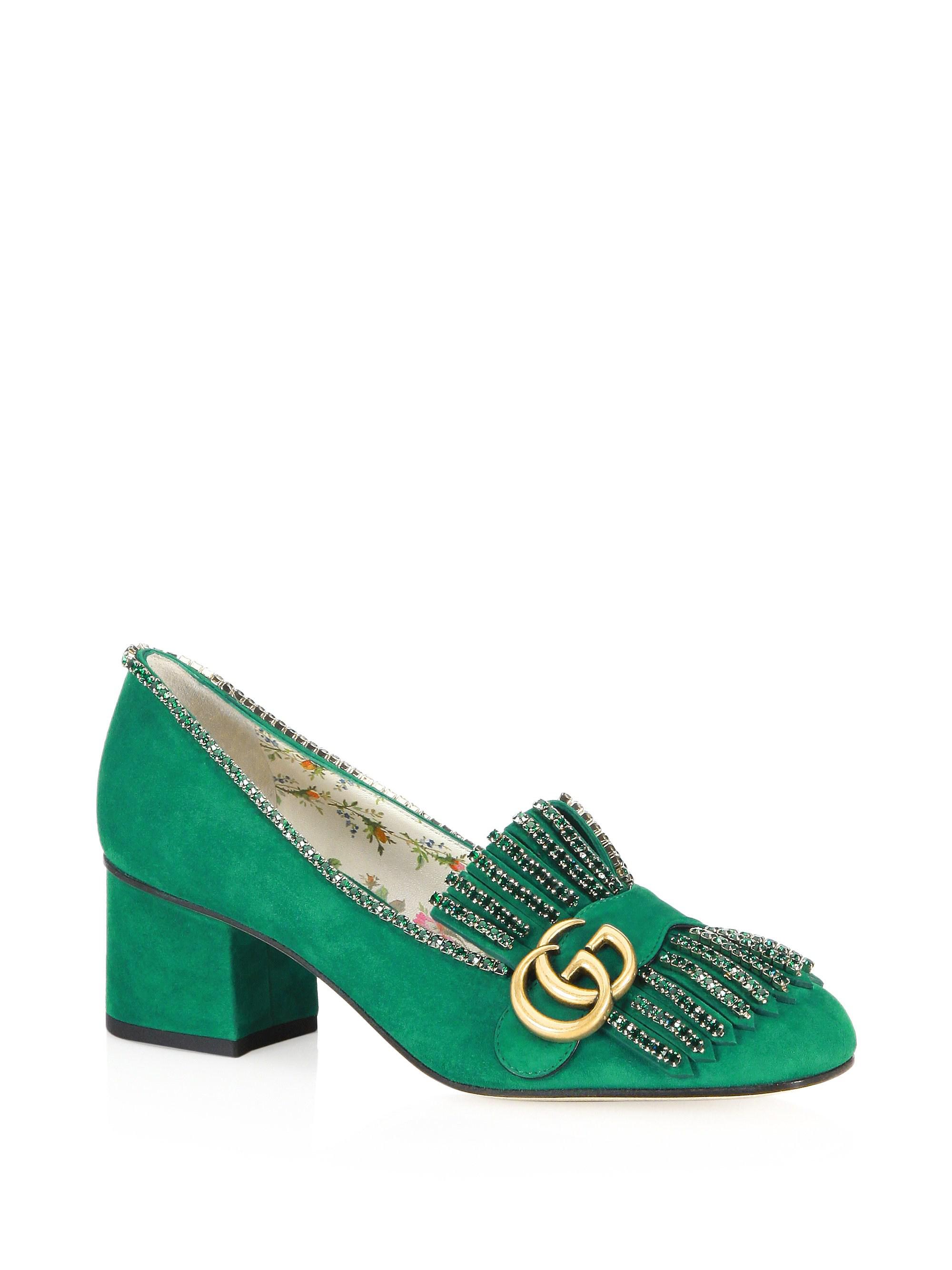 Gucci Marmont Suede Mid-heel Pumps With Crystals in Green | Lyst