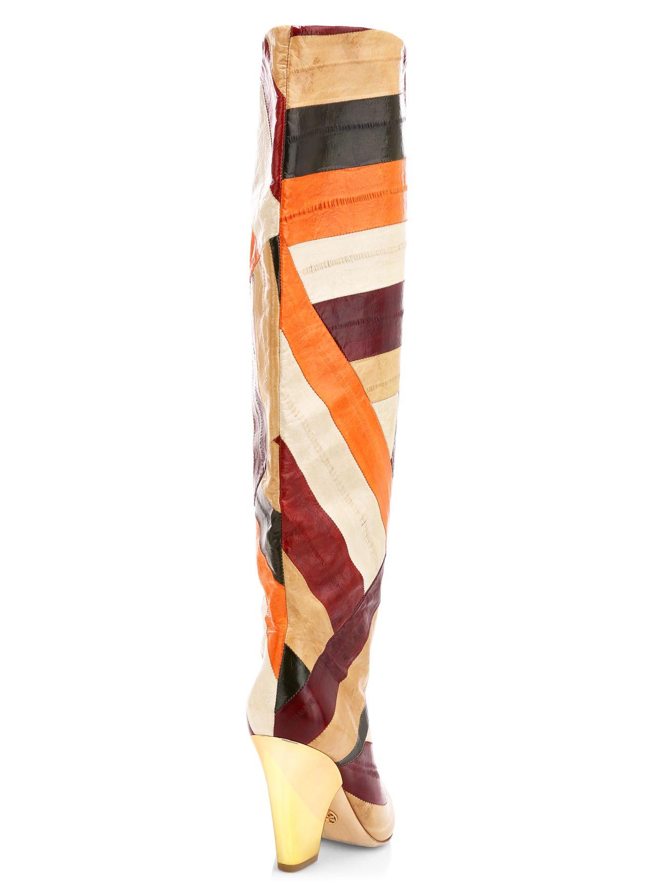 Tory Burch Lila Patchwork Eel Leather Knee-high Boots in Orange | Lyst