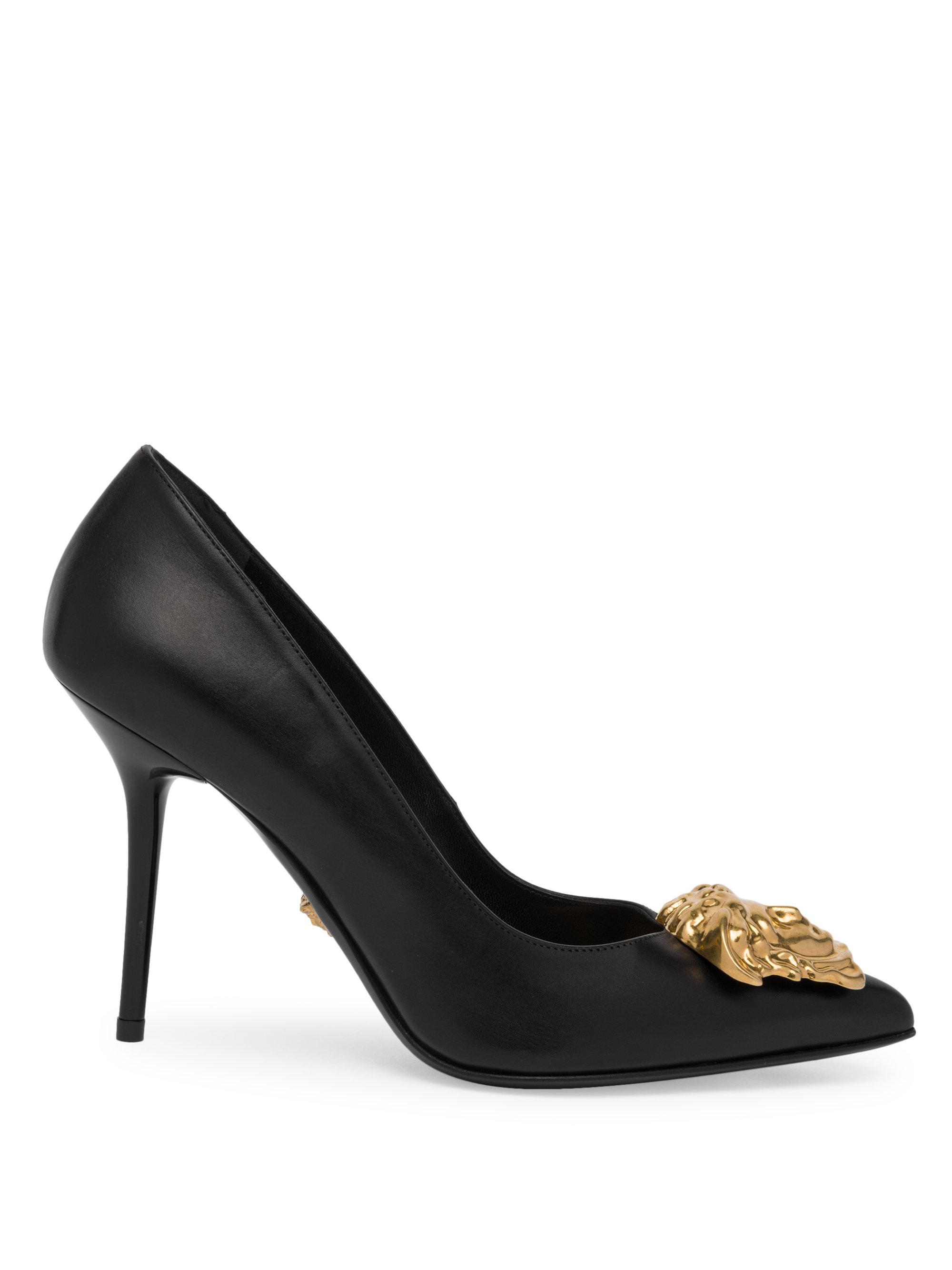 Versace Leather Gold Medusa Palazo Tribute Pumps in Black - Lyst