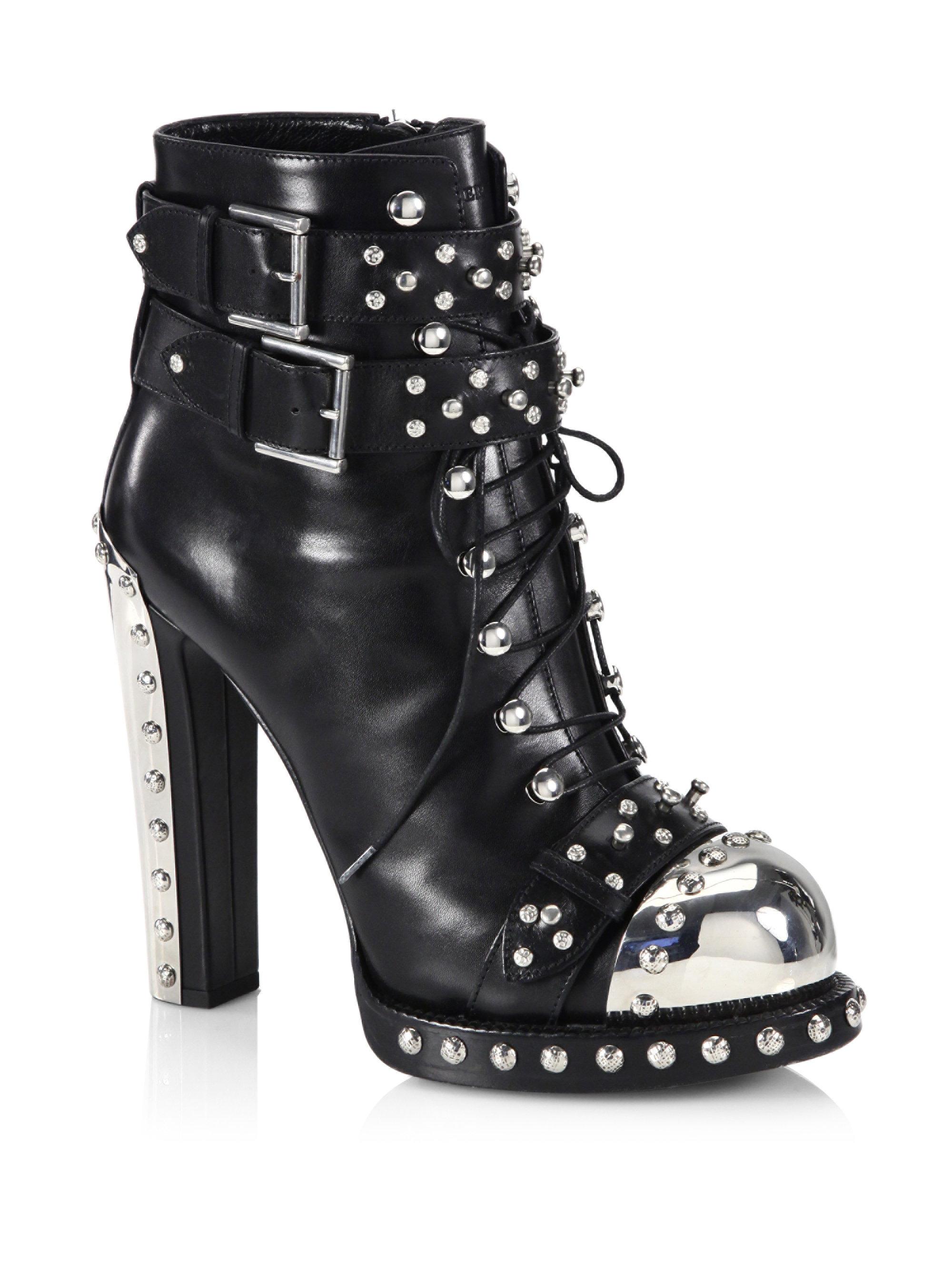 Alexander McQueen Studded Leather Lace-up Buckle Booties in Black - Lyst
