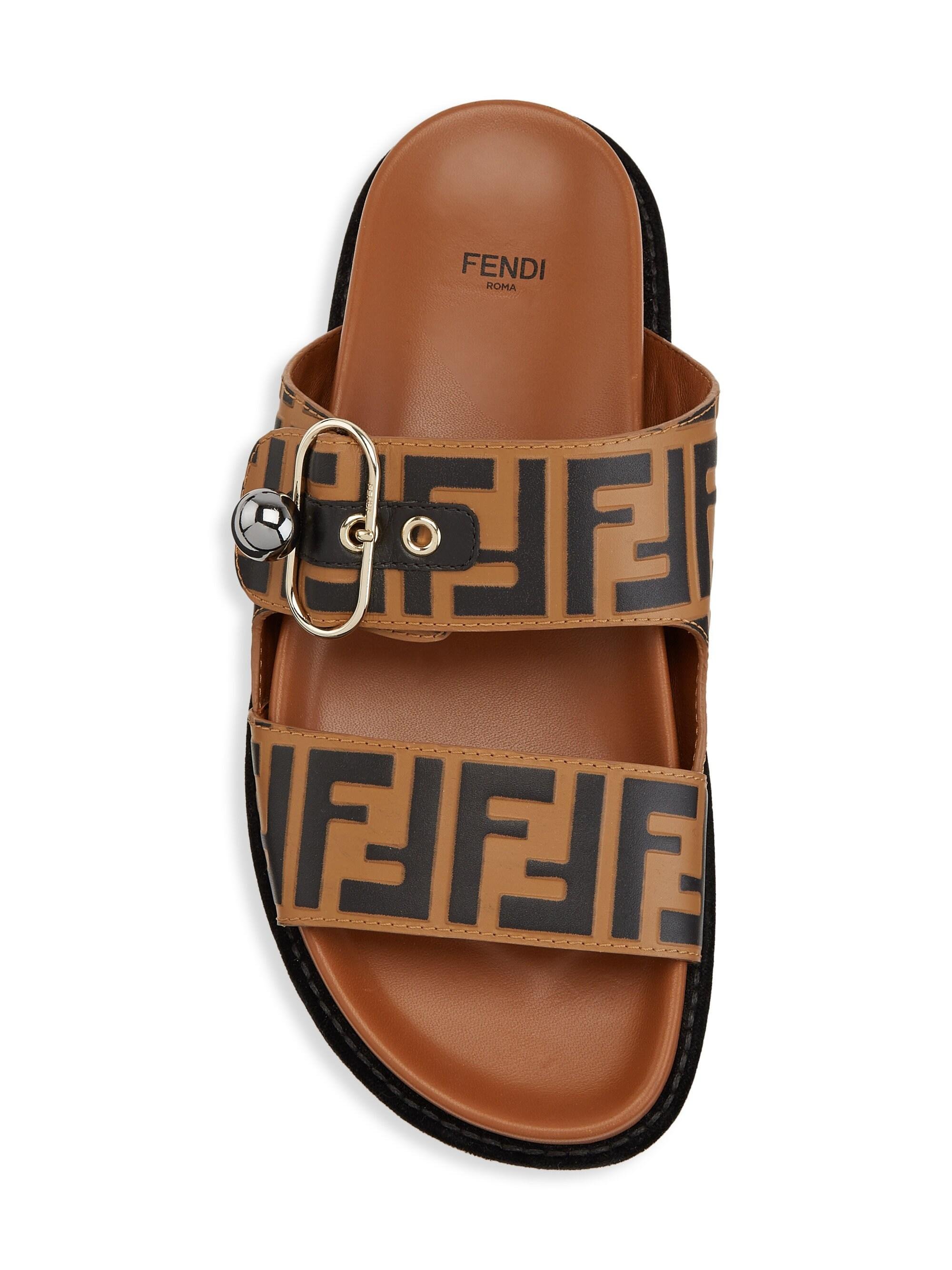 Fendi Leather Flat Sandals in Brown - Lyst