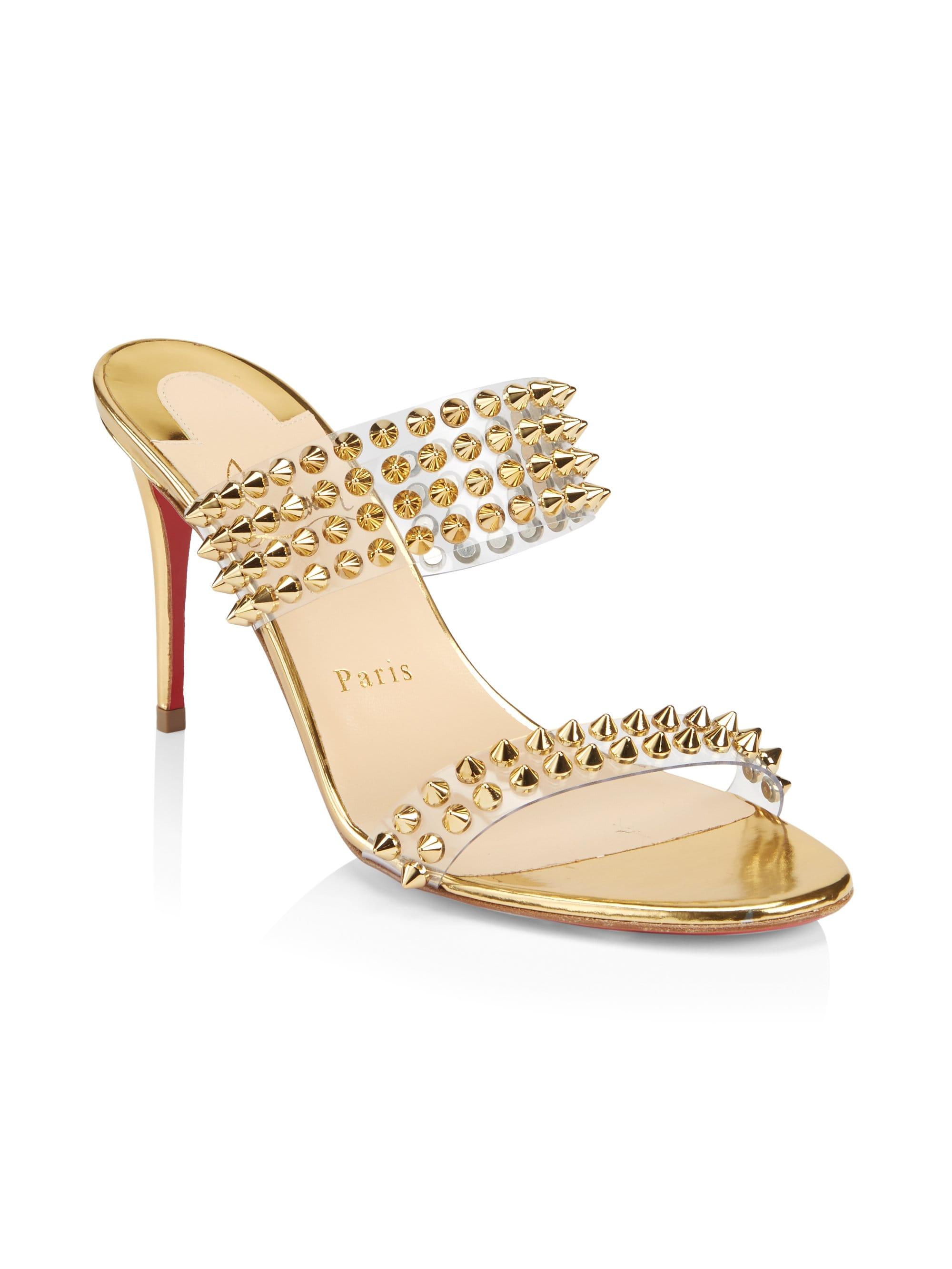 Christian Louboutin Leather Spike Only Heeled Mules in Gold (Metallic