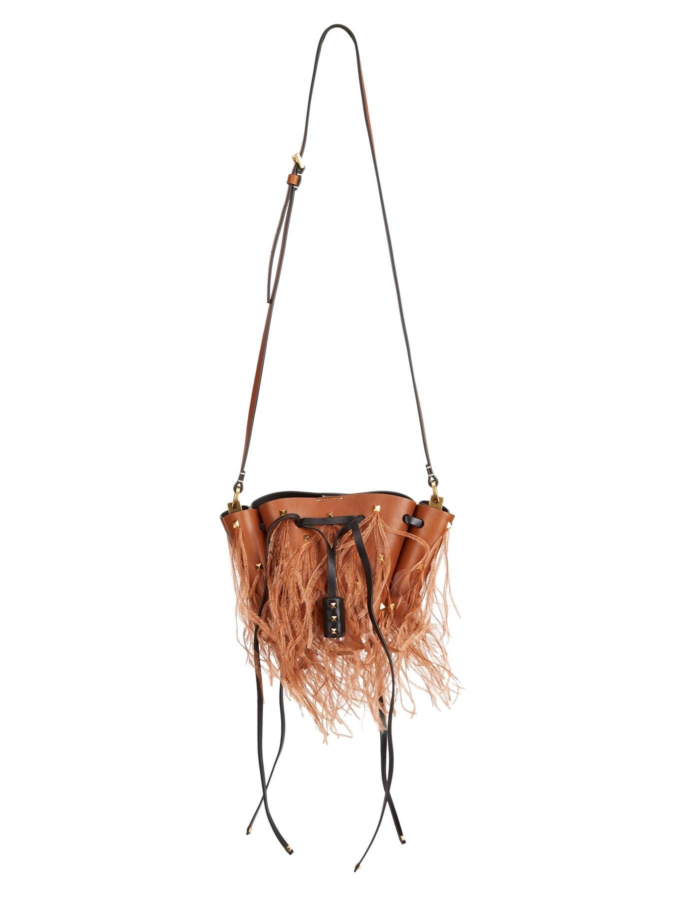 Valentino Leather Small Vlogo Feather Bucket Bag in Tan (Brown) - Lyst