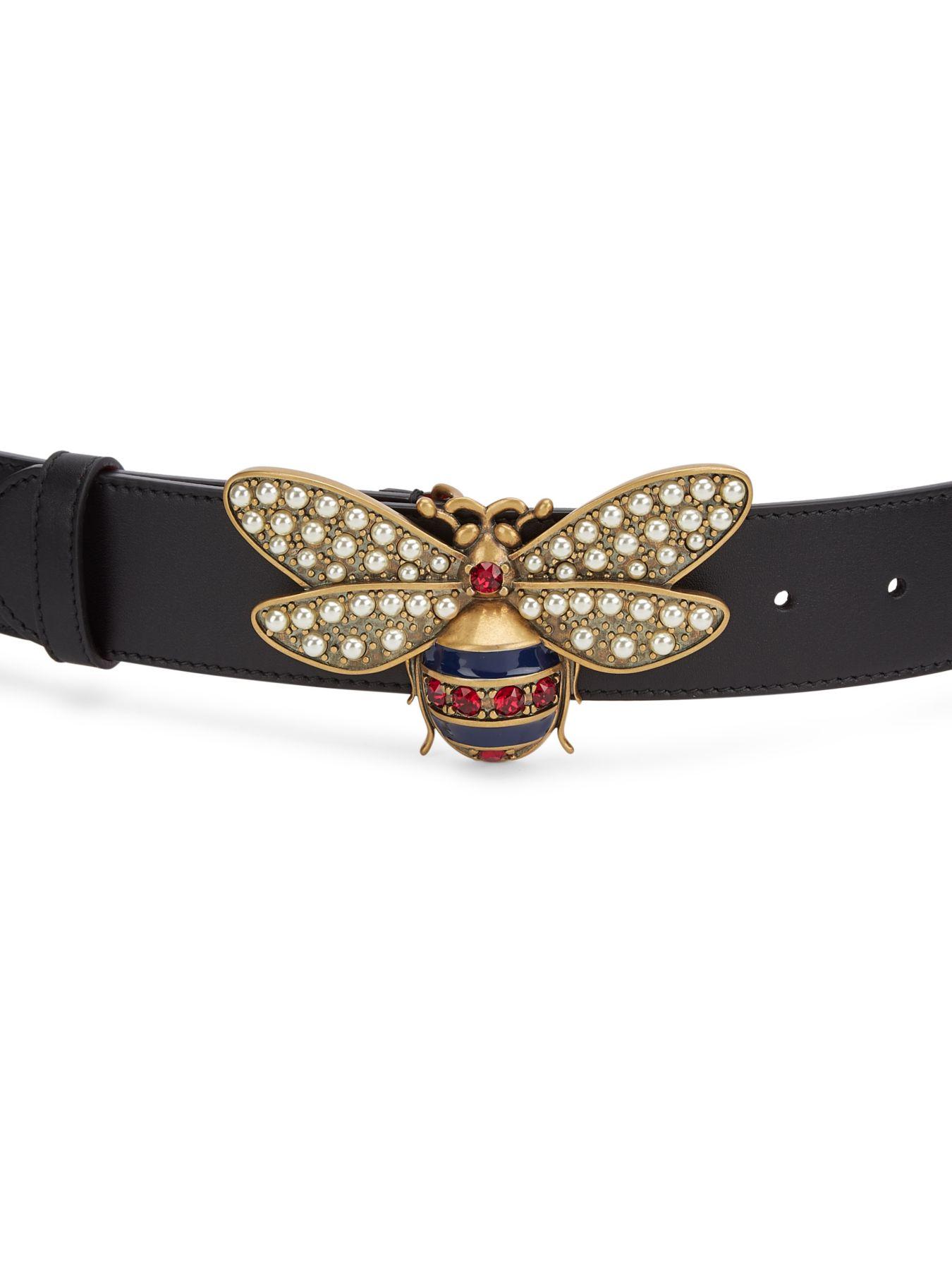 Gucci Glass Pearl & Crystal Bee Buckle Belt in Black | Lyst