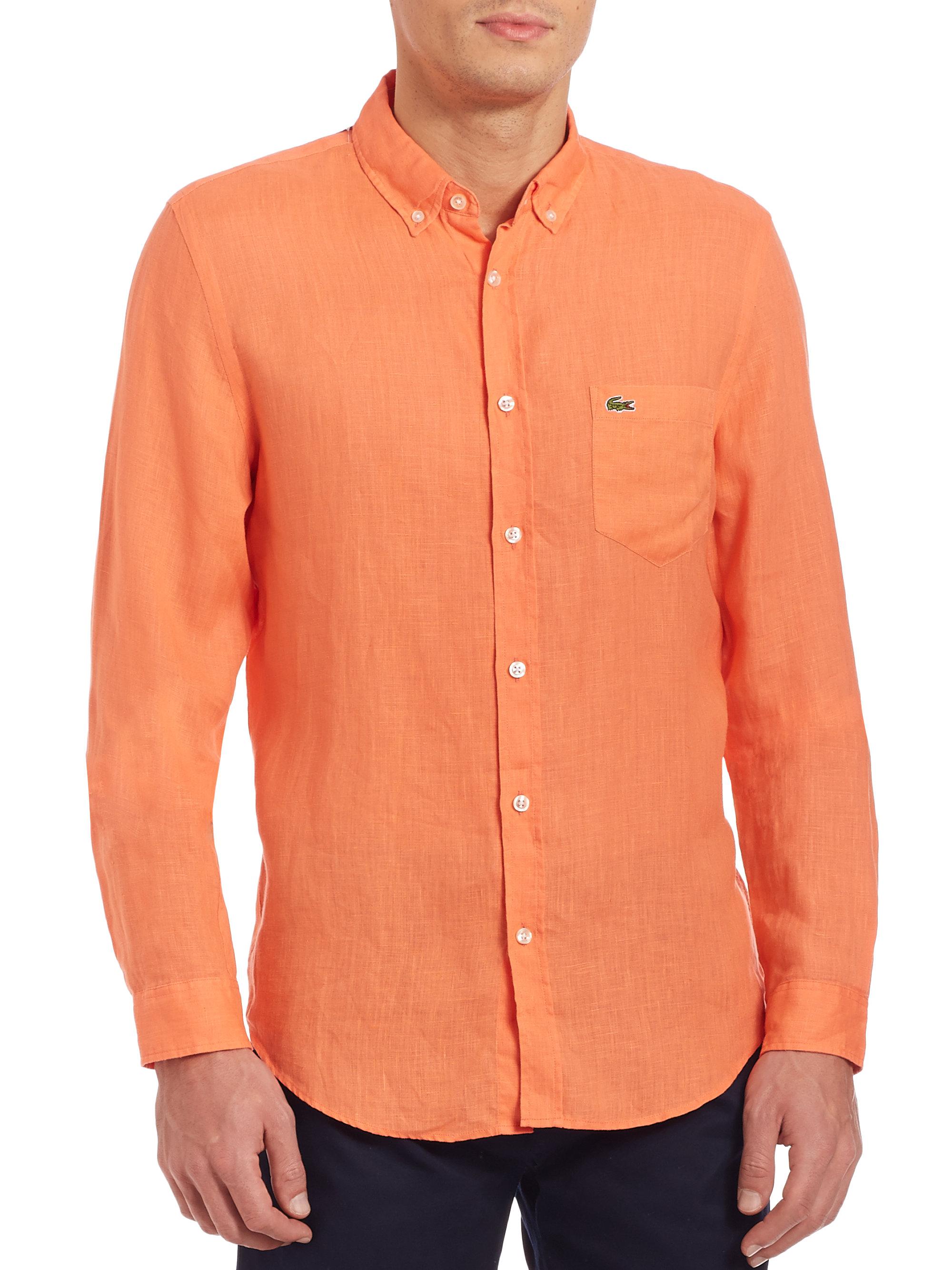 Lacoste Long Sleeve Solid Linen Shirt in Orange for Men | Lyst