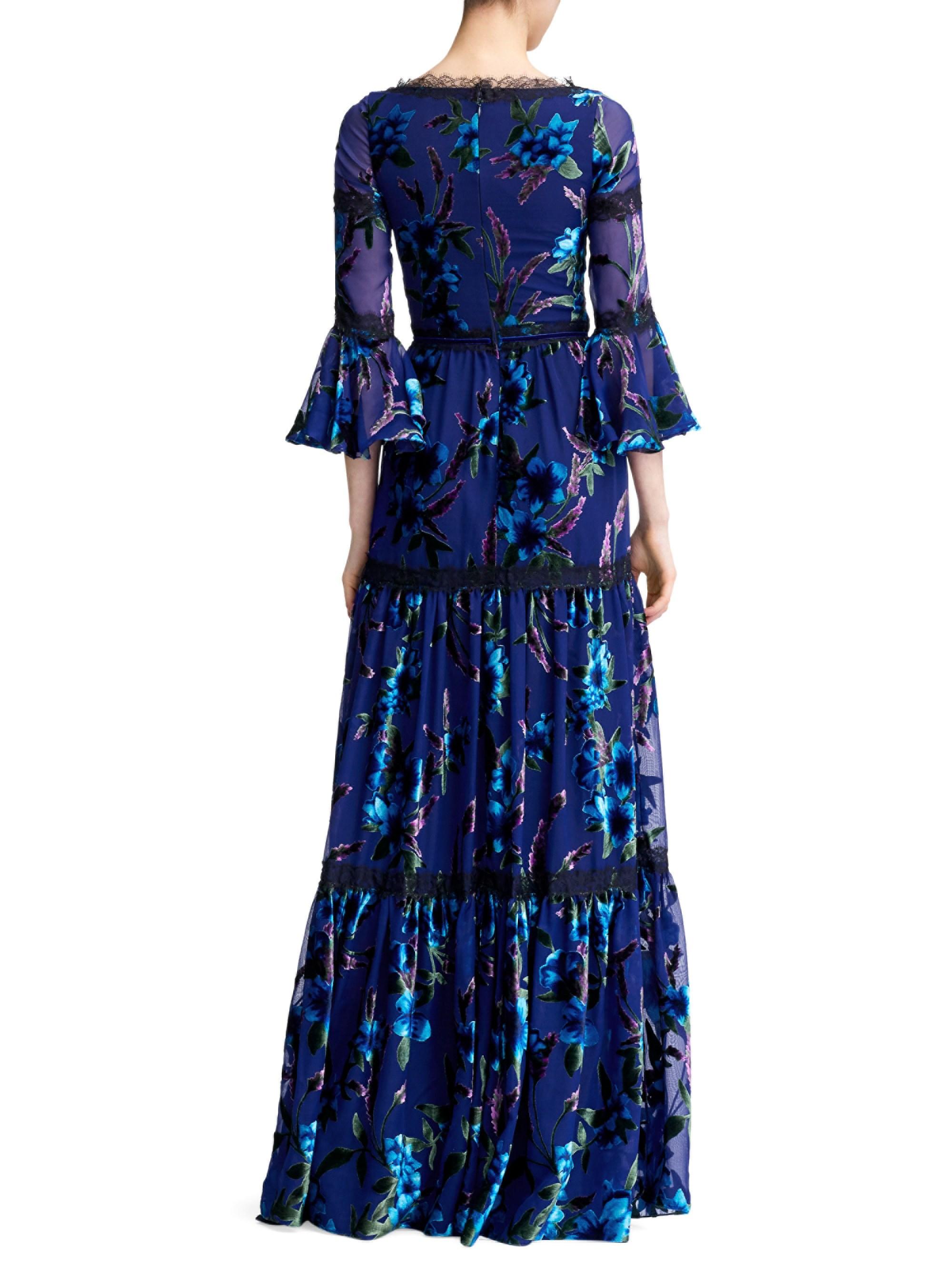 Marchesa notte Flounce Sleeve Printed Velvet Burnout Gown in Navy (Blue ...