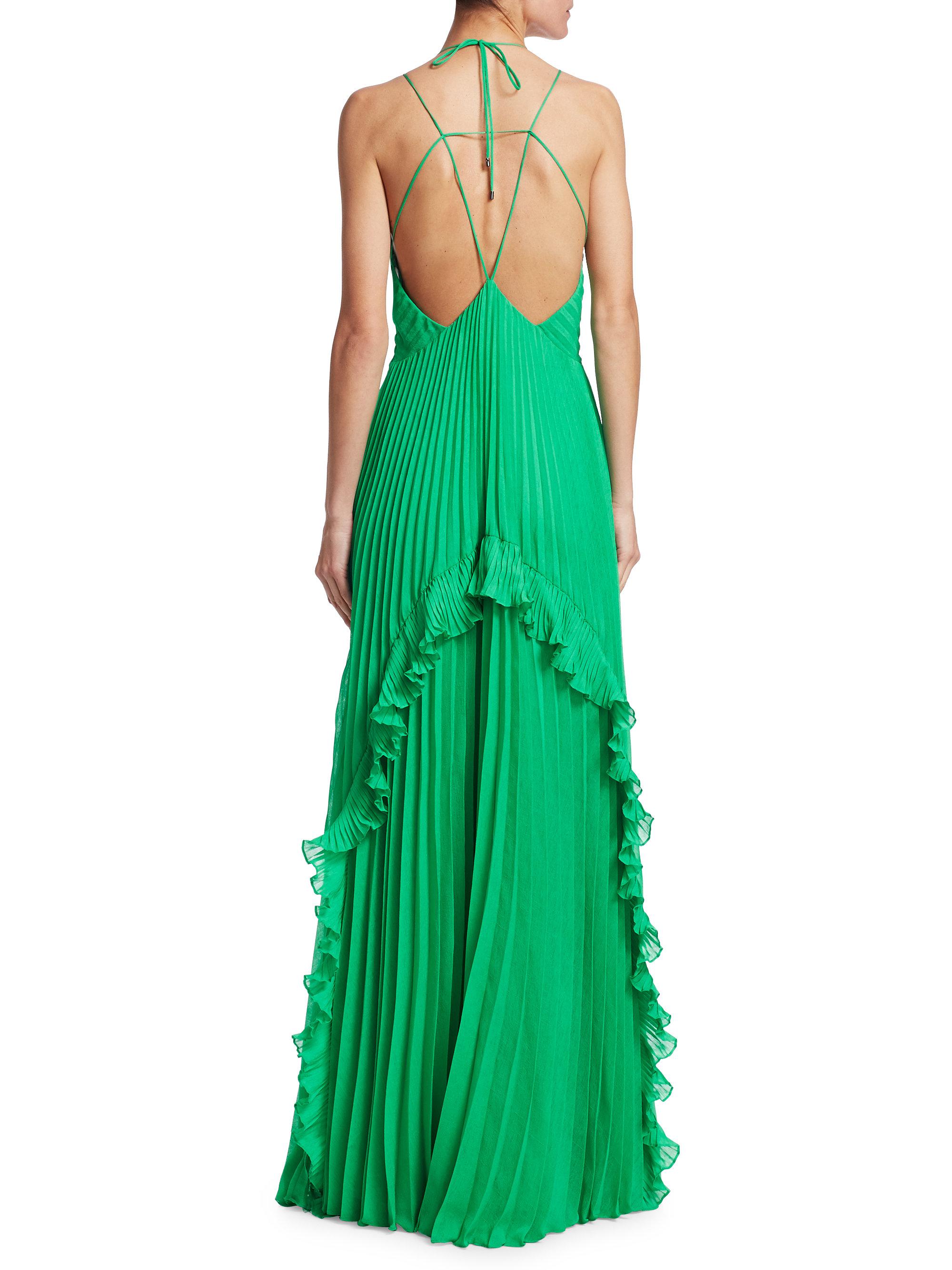 Halston Halter Pleated Gown in Green | Lyst