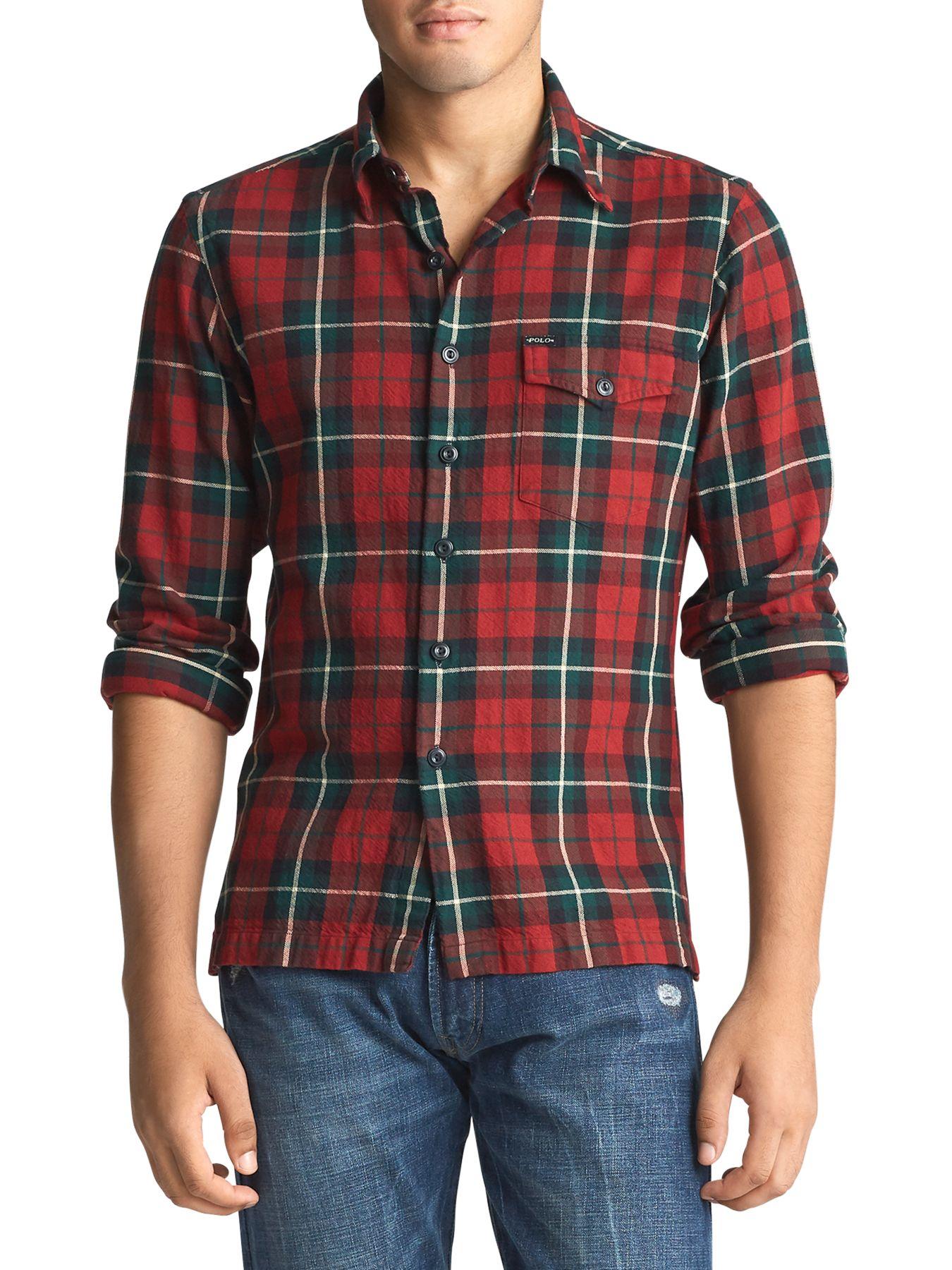 Polo Ralph Lauren Plaid Suede Elbow-patch Shirt in Red for Men | Lyst