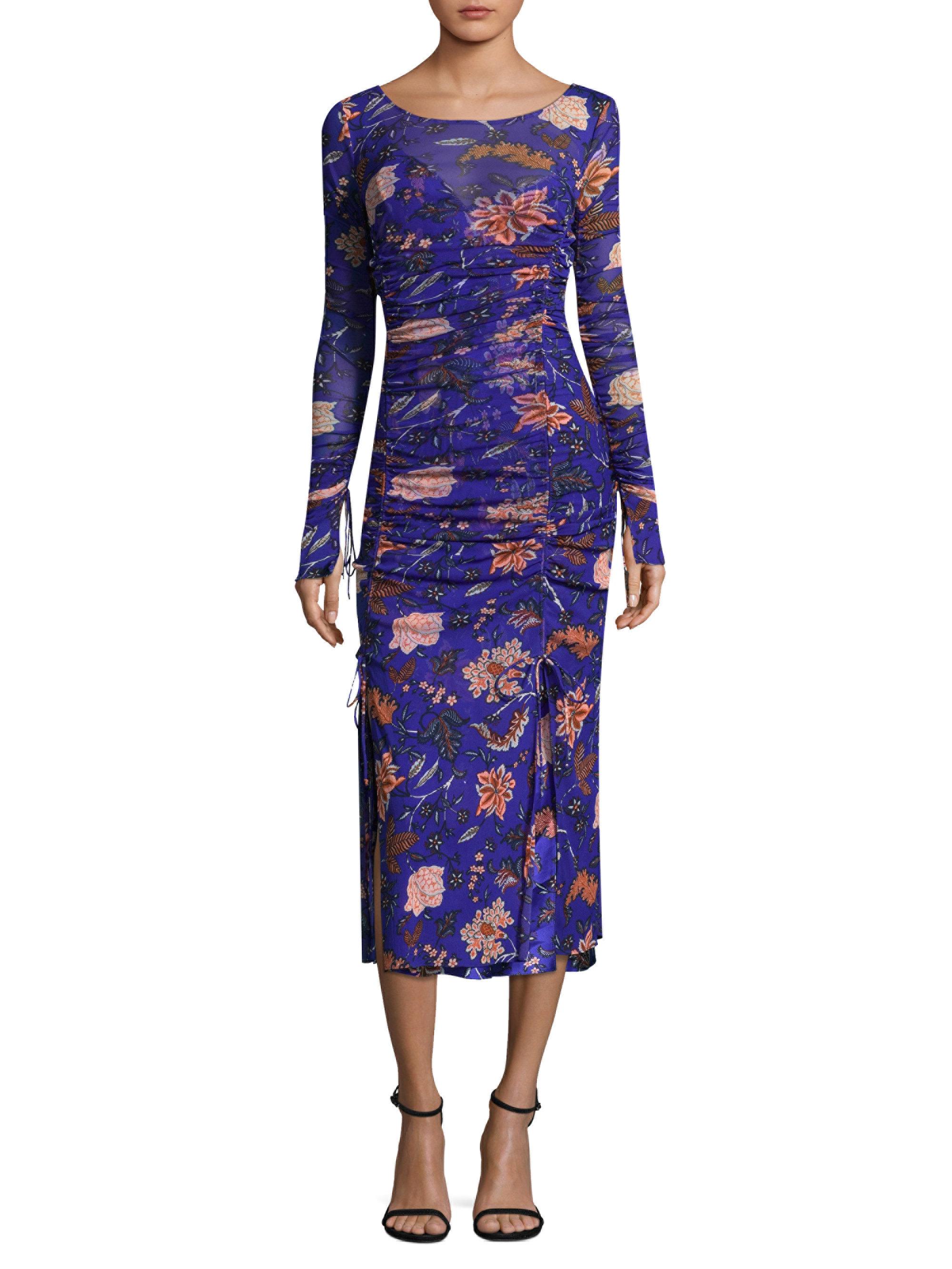 Diane von Furstenberg Long Sleeve Floral Mesh Overlay Dress in Blue - Lyst