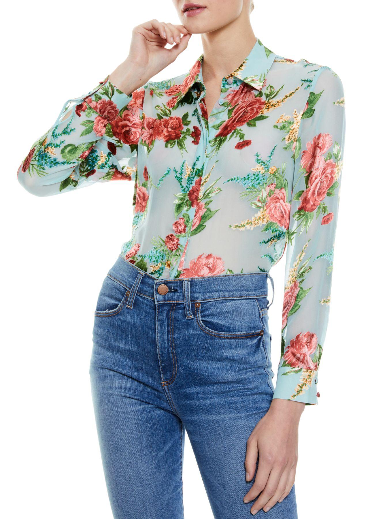 Alice + Olivia Willa Floral Silk Blouse in Blue - Lyst