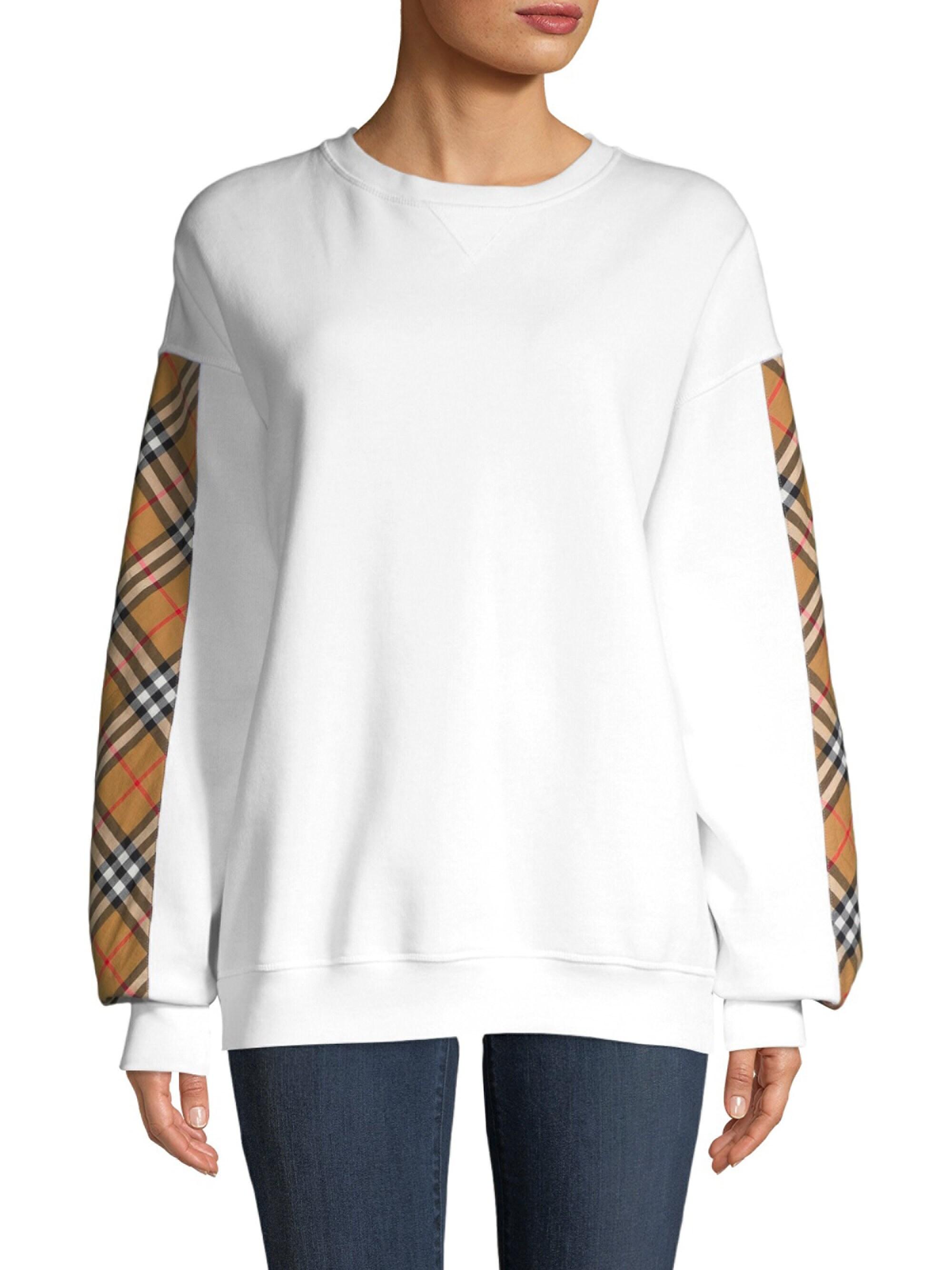 Burberry Satin Vintage Check Detail Cotton Blend Sweatshirt in White - Lyst