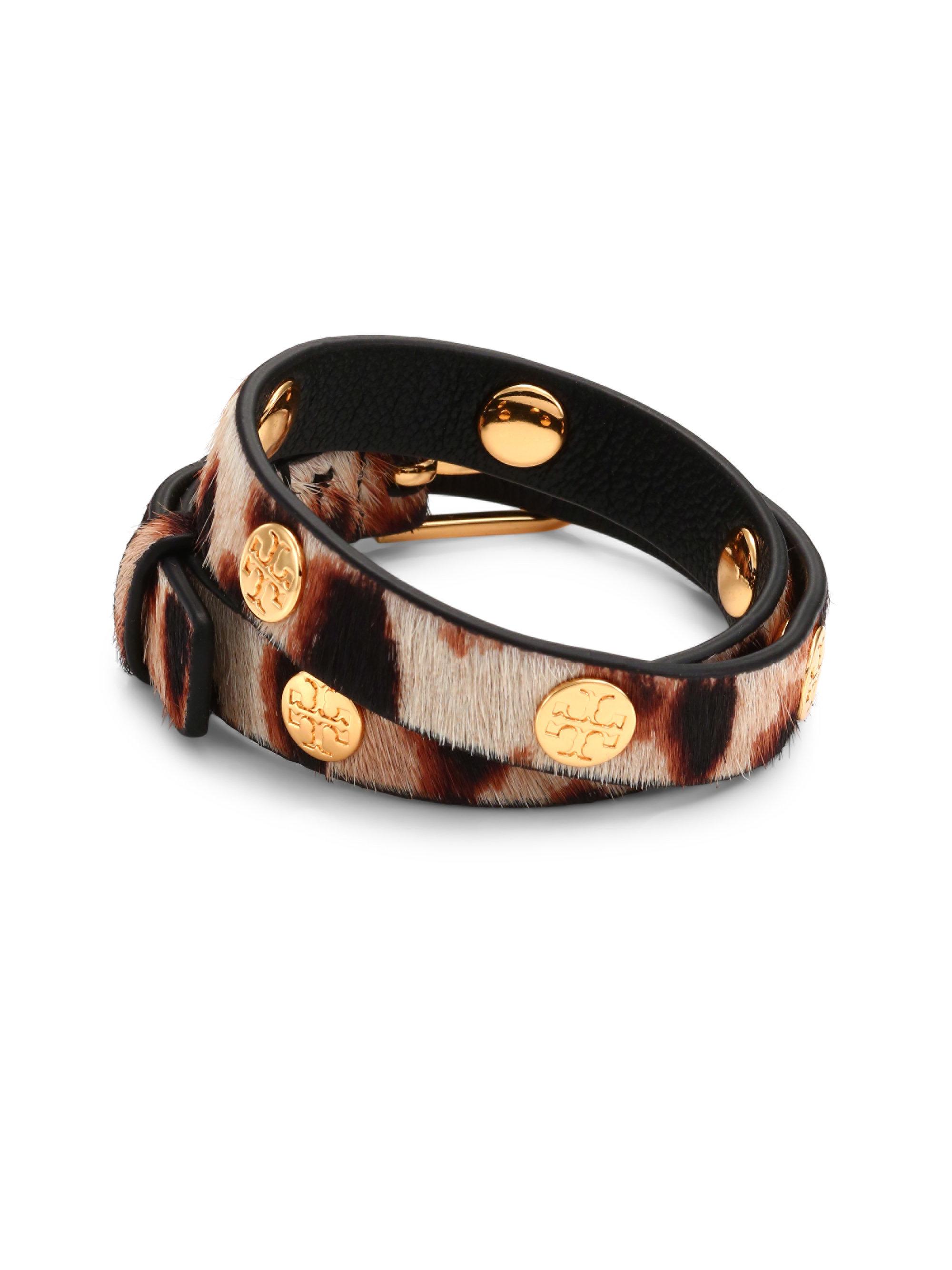 Tory Burch Leather Leopard Print Double Wrap Bracelet Lyst