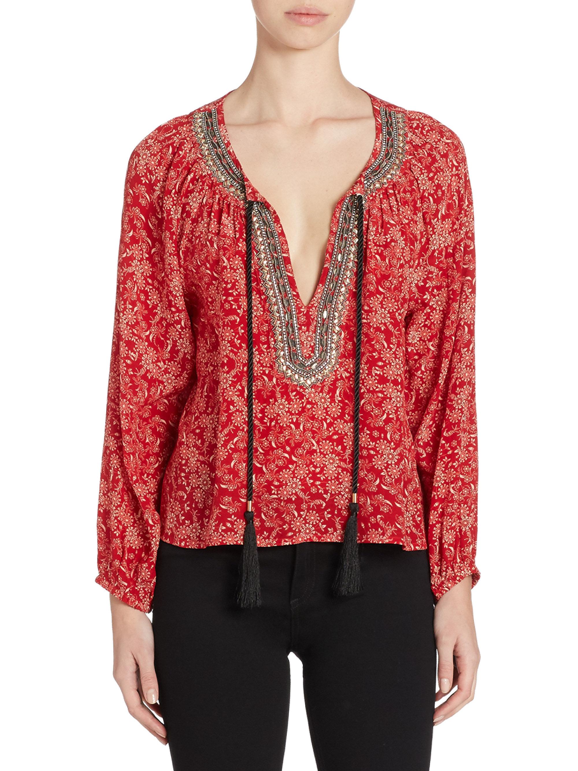 The Kooples Embellished Floralprint Silk Top in Red Lyst