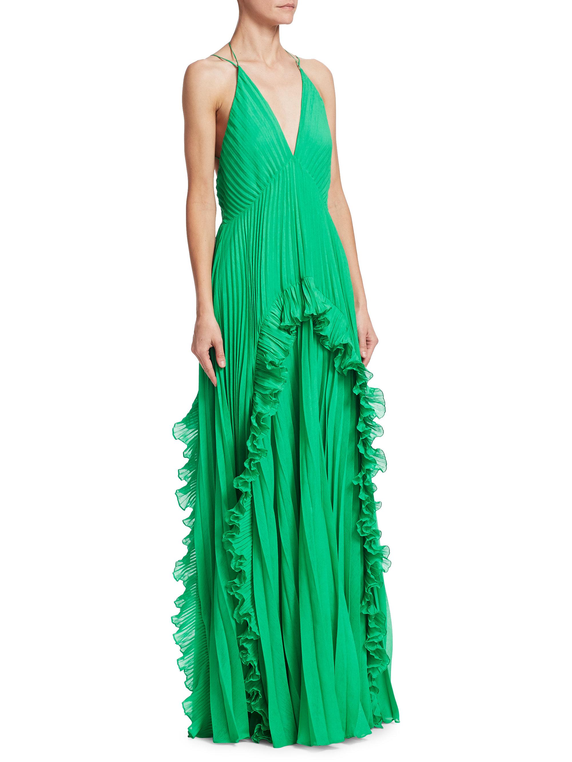 Halston Halter Pleated Gown in Green | Lyst