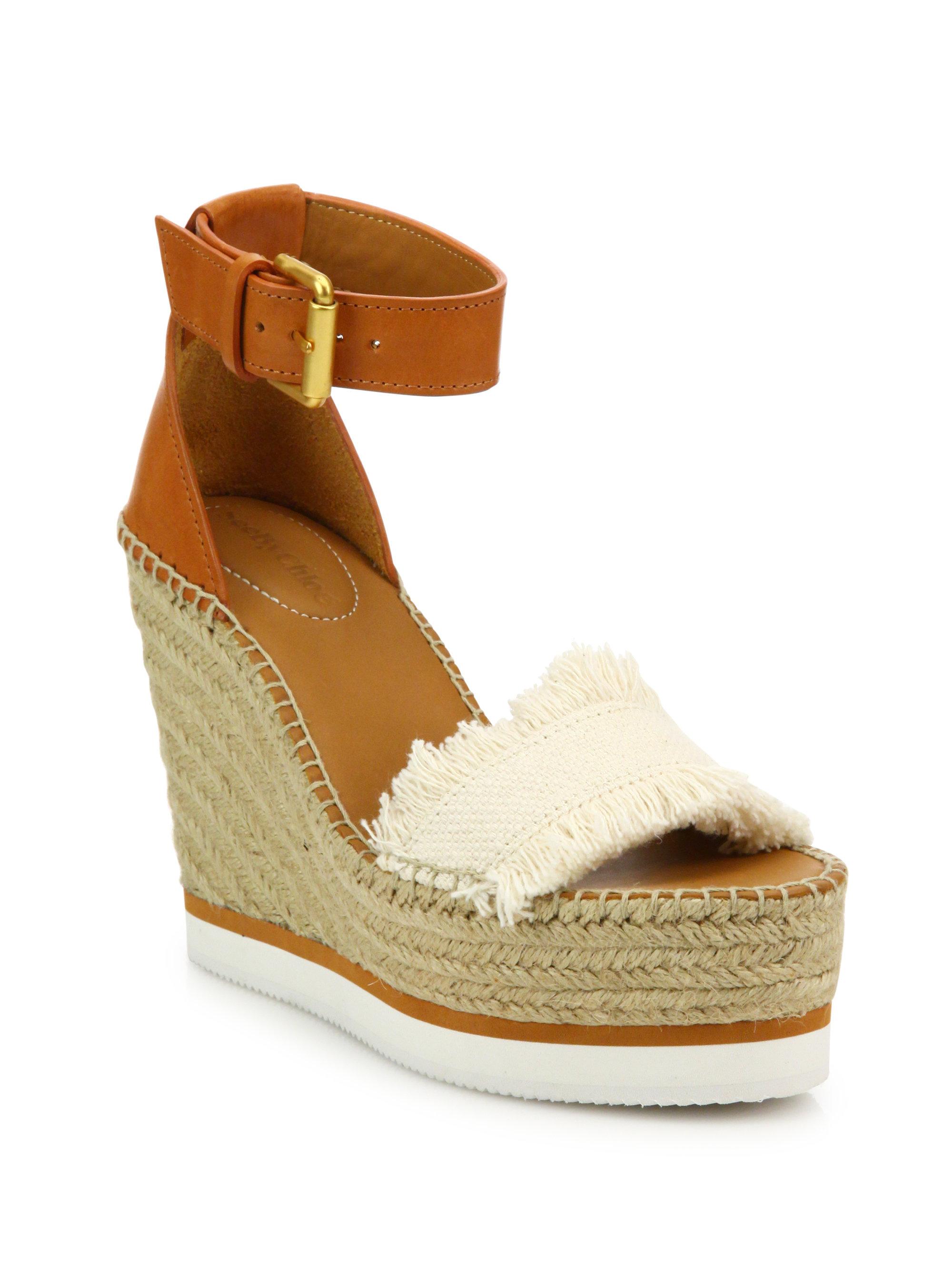 See By Chloé Glyn Leather & Frayed Canvas Espadrille Wedge Platform ...